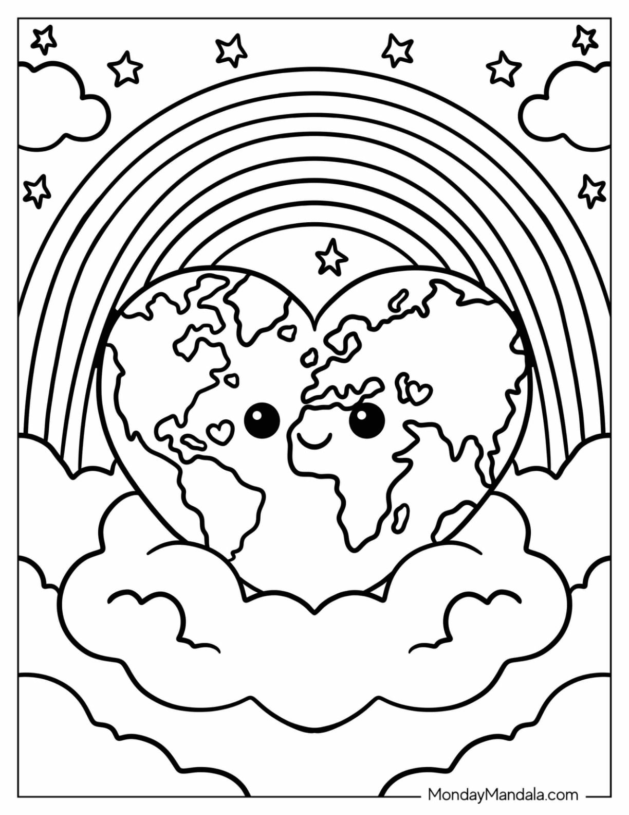 Heart Shaped Earth Beneath a Rainbow and Stars Coloring Sheet for Kids