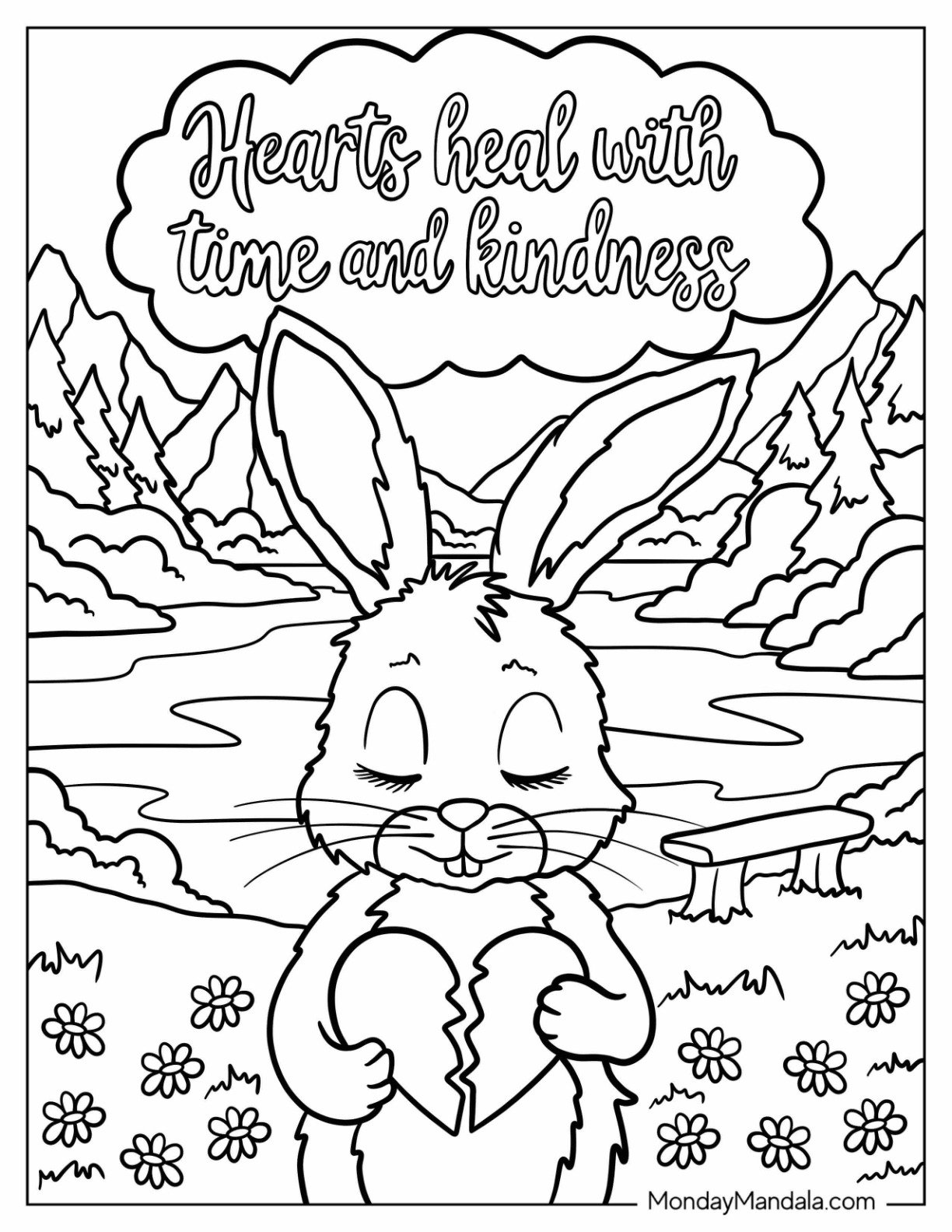 Sad Coloring Page Of Hearts Heal With Time And Kindness Bunny Holding Broken Heart