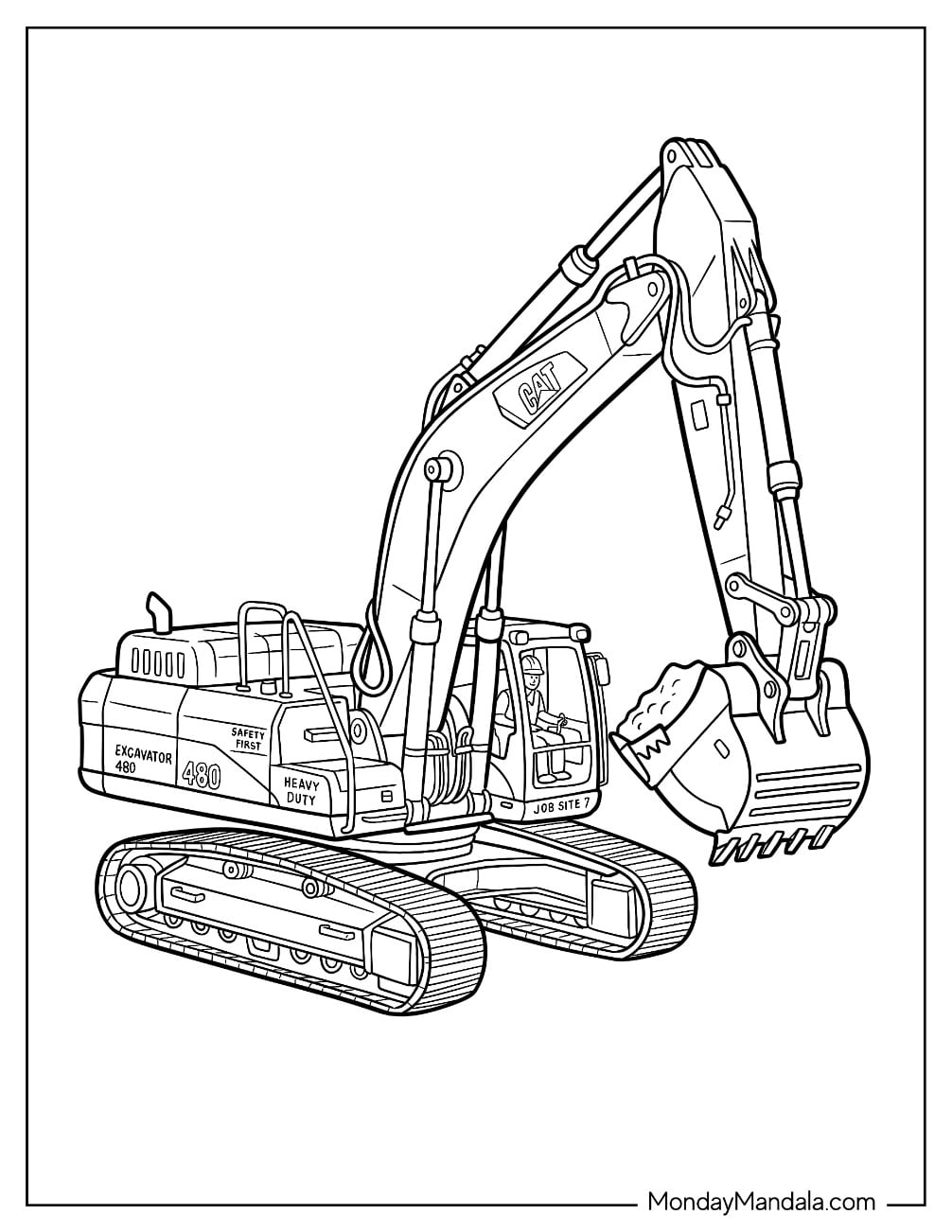 Heavy Duty Tracked Excavator with Digging Bucket Coloring Page