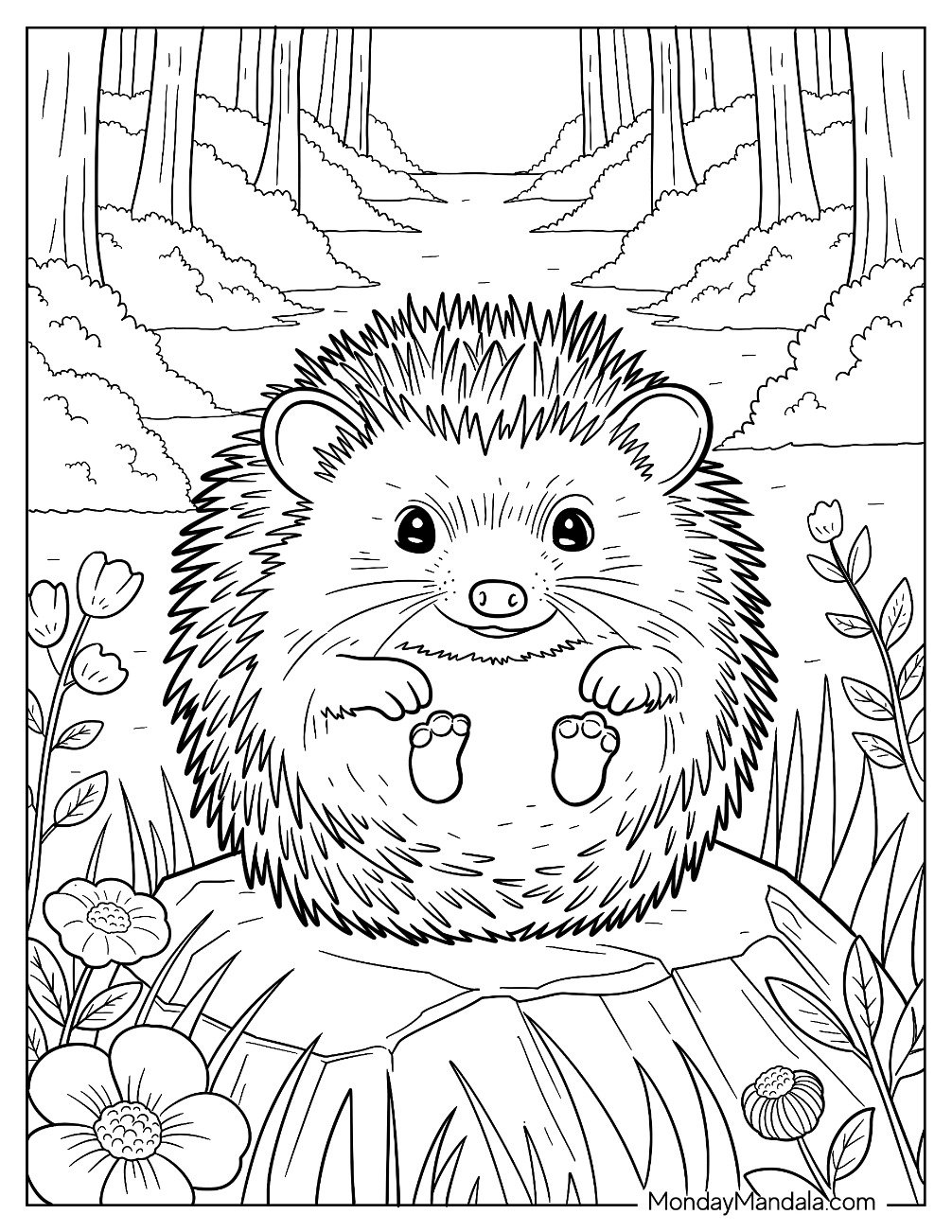 Hedgehog Coloring Page Curled Up on a Tree Trunk in the Meadow