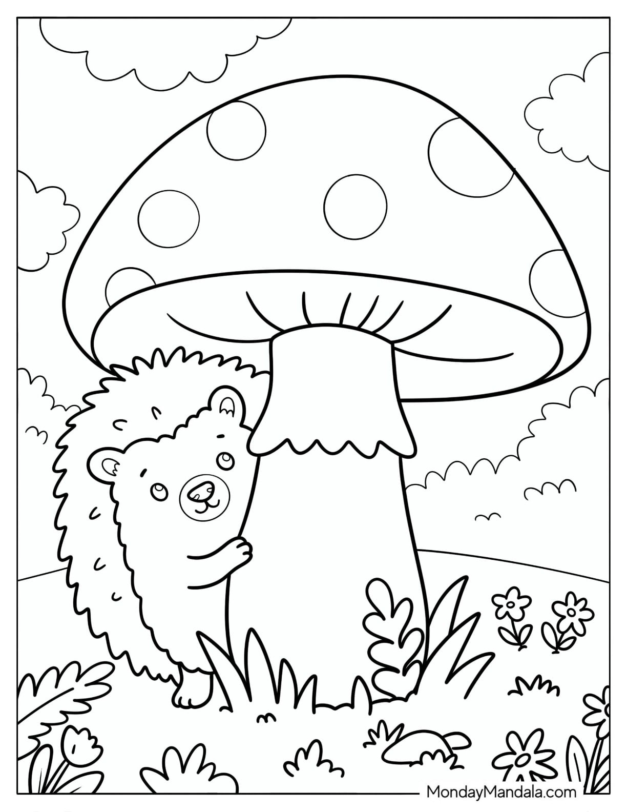 Hedgehog Hiding Under a Mushroom Coloring Sheet