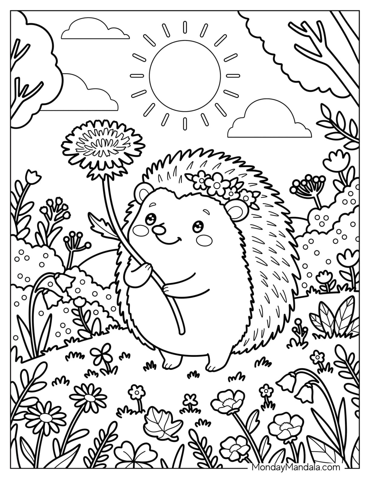 Hedgehog Holding a Dandelion in Spring Coloring Sheet