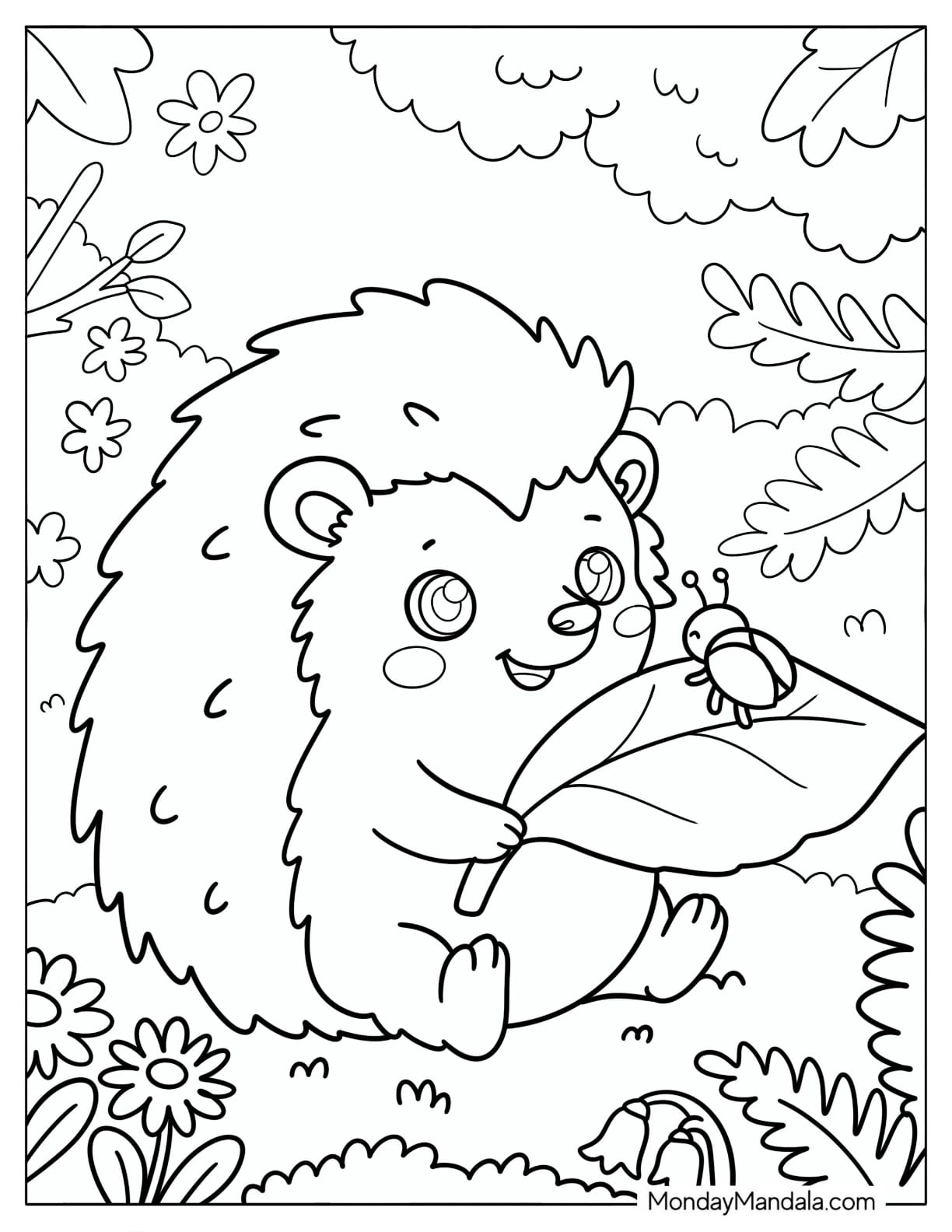 Hedgehog Holding a Leaf with a Ladybug Coloring Page