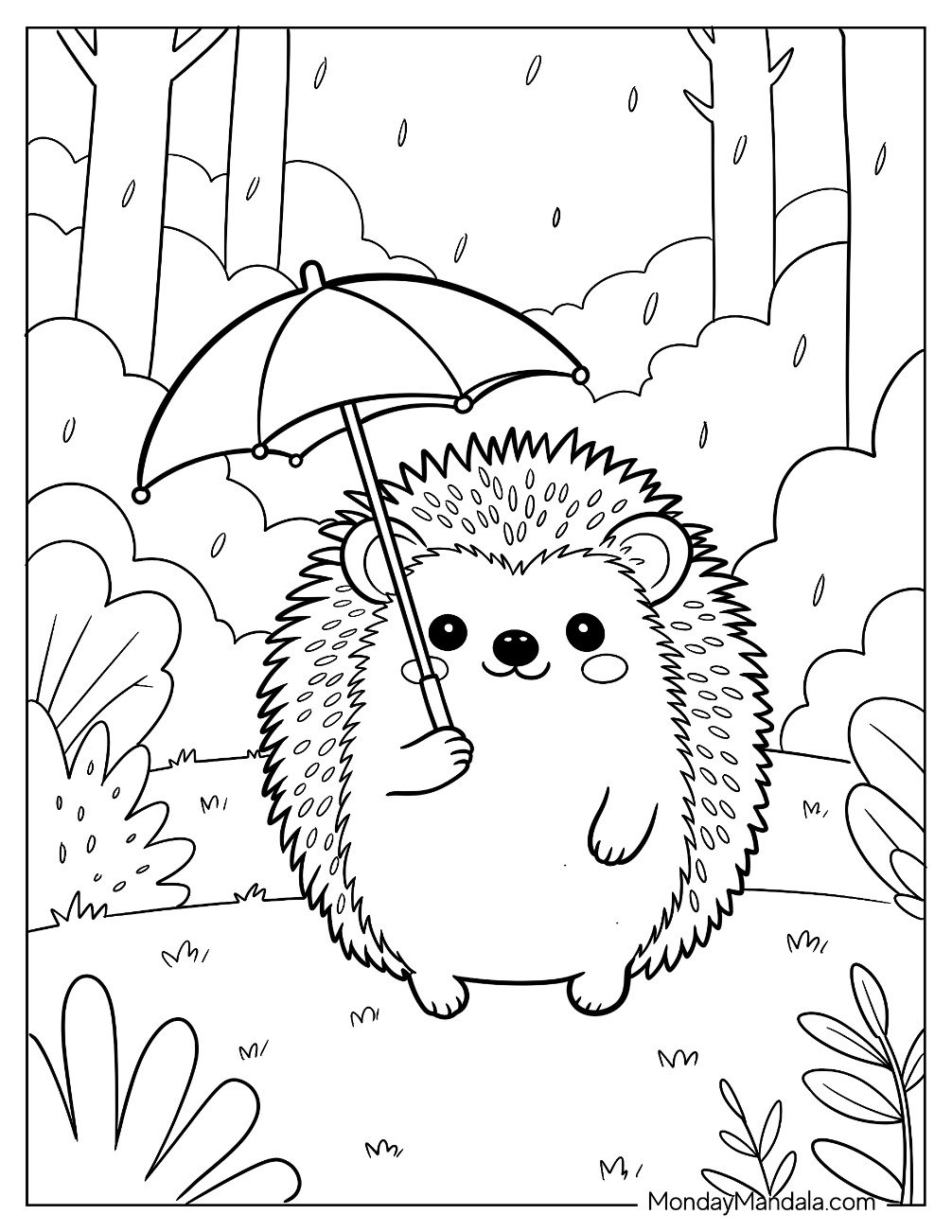 Hedgehog Coloring Page Holding an Umbrella in the Rain for Kids