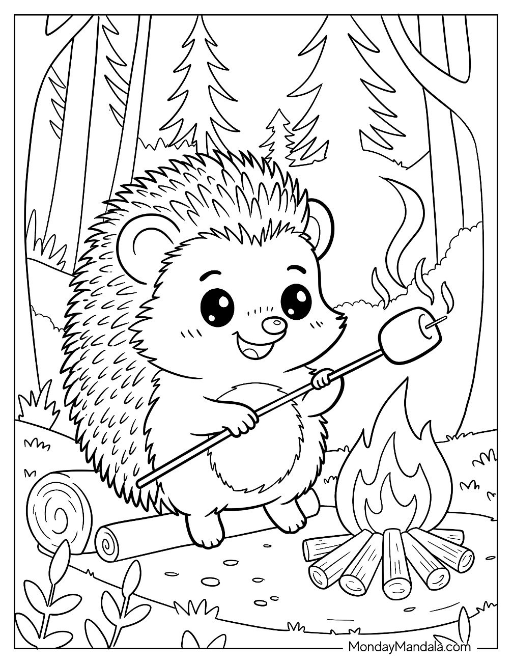 Hedgehog Coloring Page Making S mores in the Forest for Kids