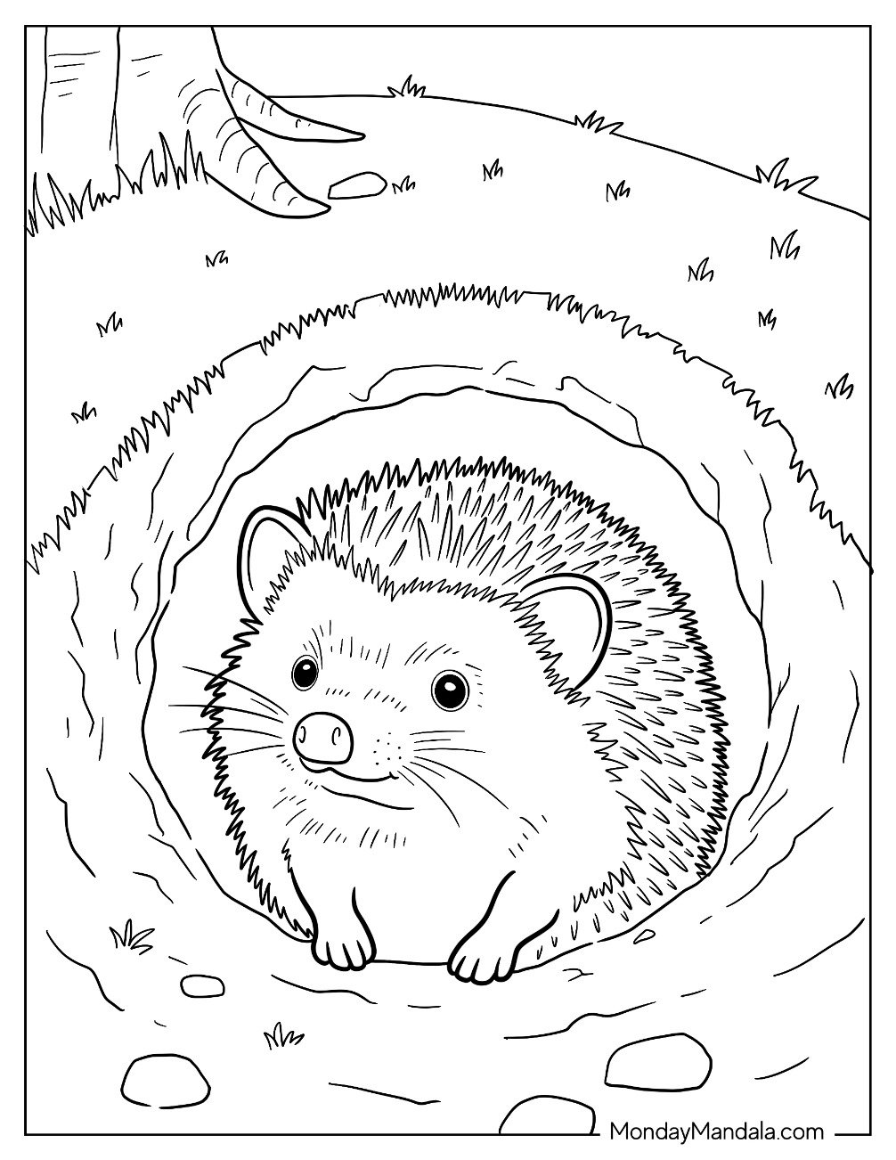 Hedgehog Coloring Page Peeking Out of a Hole in the Ground