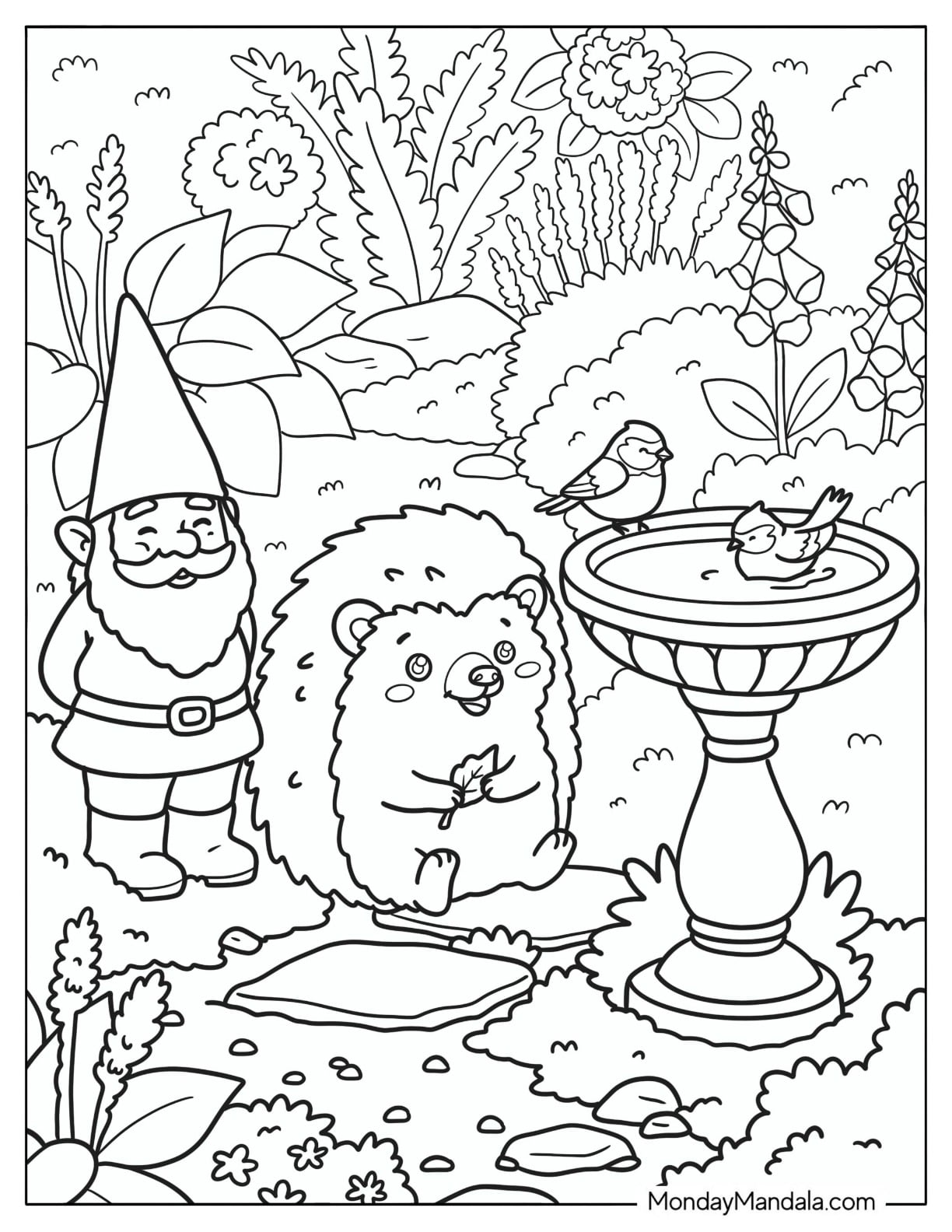 Hedgehog Sitting with a Gnome in a Garden