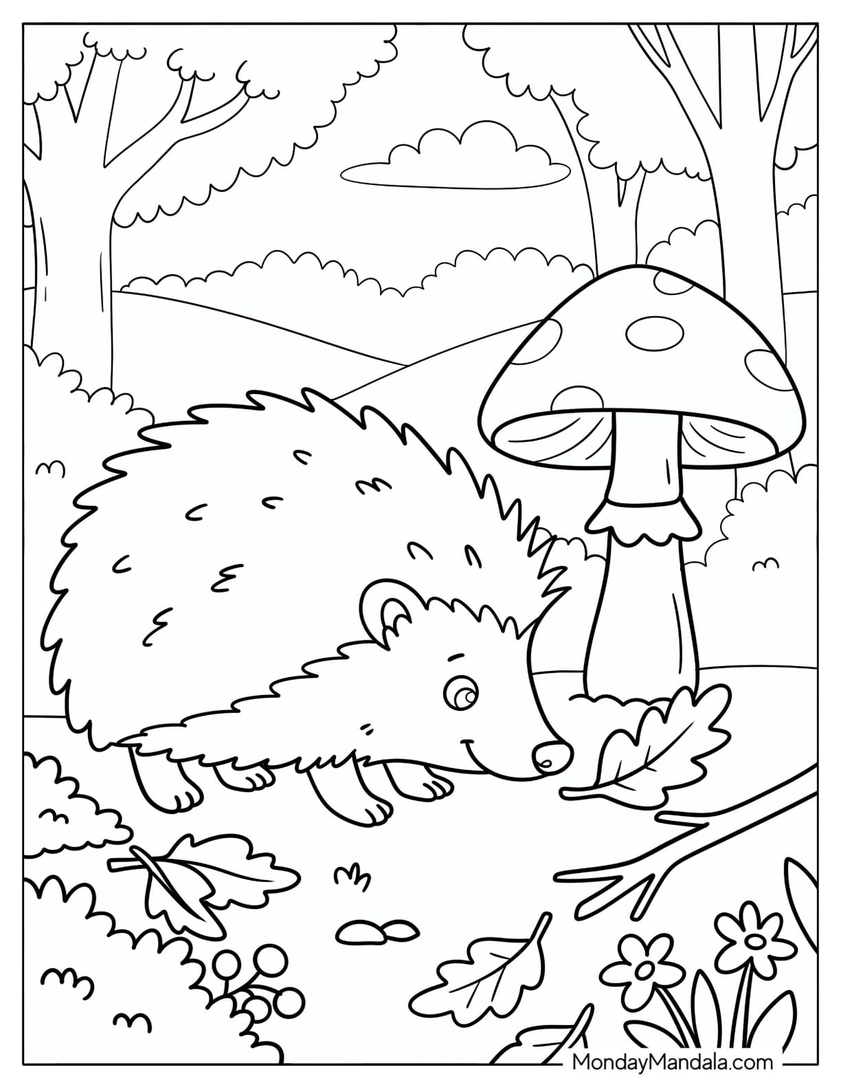 Hedgehog Sniffing Fall Leaves Coloring Page