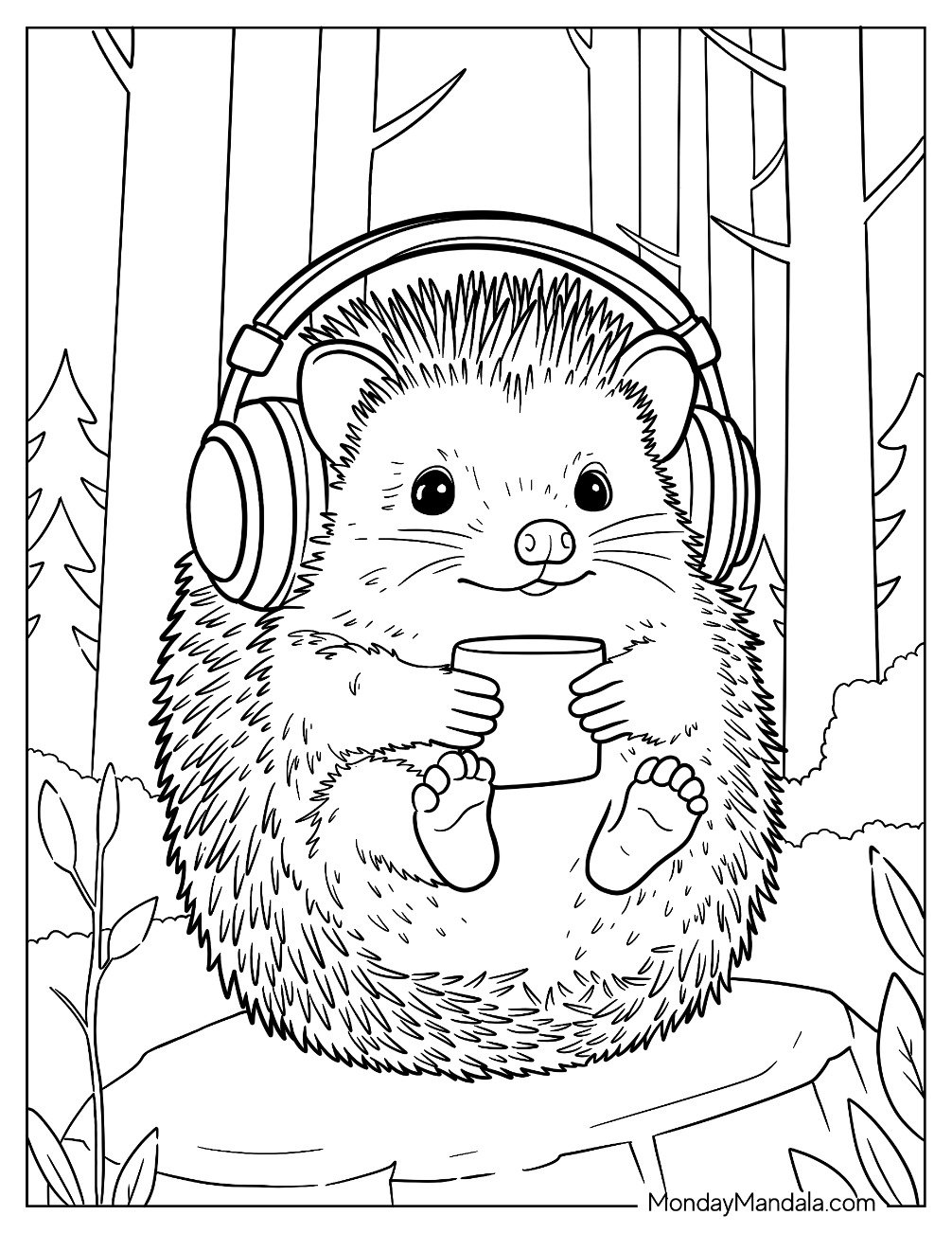 Hedgehog Coloring Page with Headphones Drinking Coffee on a Tree Trunk