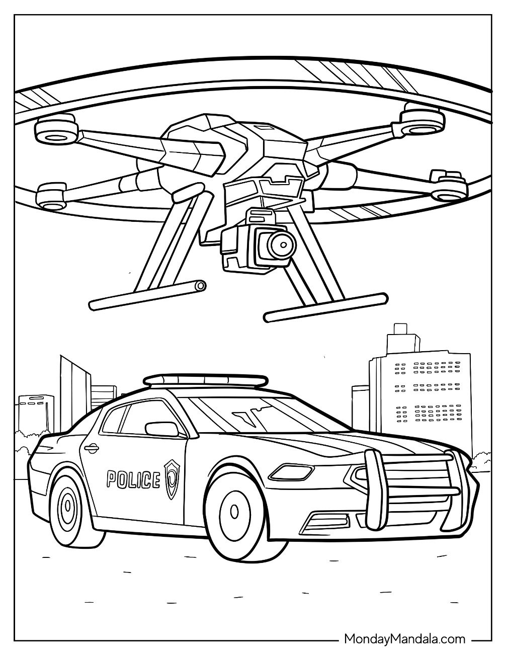 Helicopter Hovering Above A Police Car Coloring Page