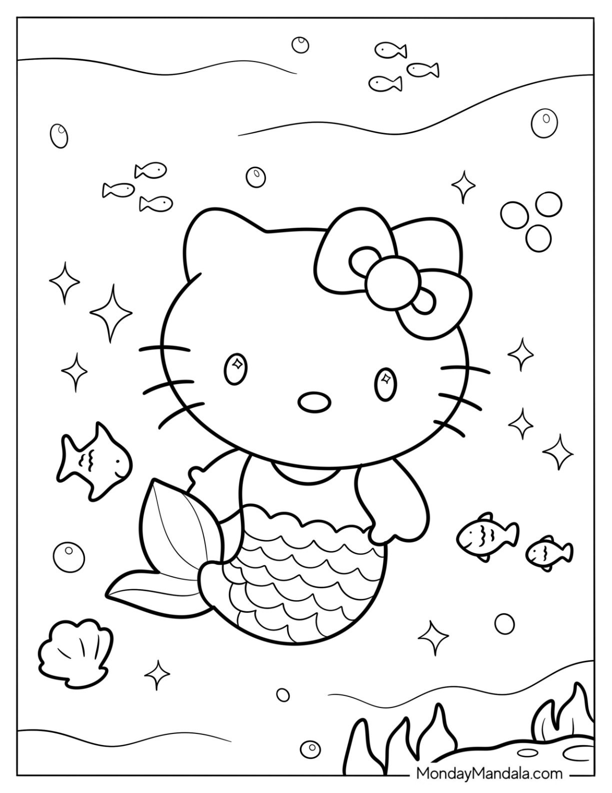 Hello Kitty Mermaid Coloring Page Underwater with Fish, Bubbles, and Sparkles
