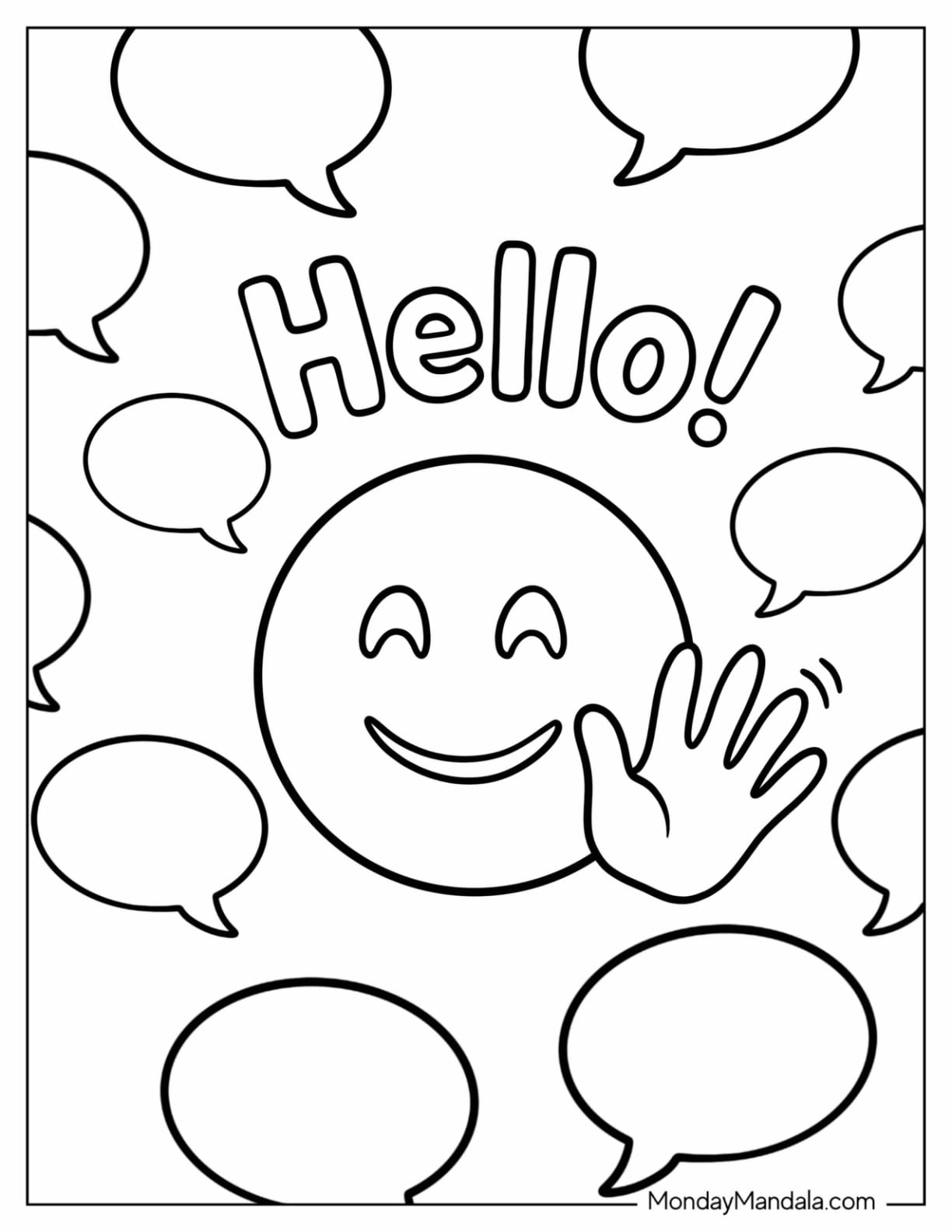 Hello Waving Emoji Coloring Page with Speech Bubbles