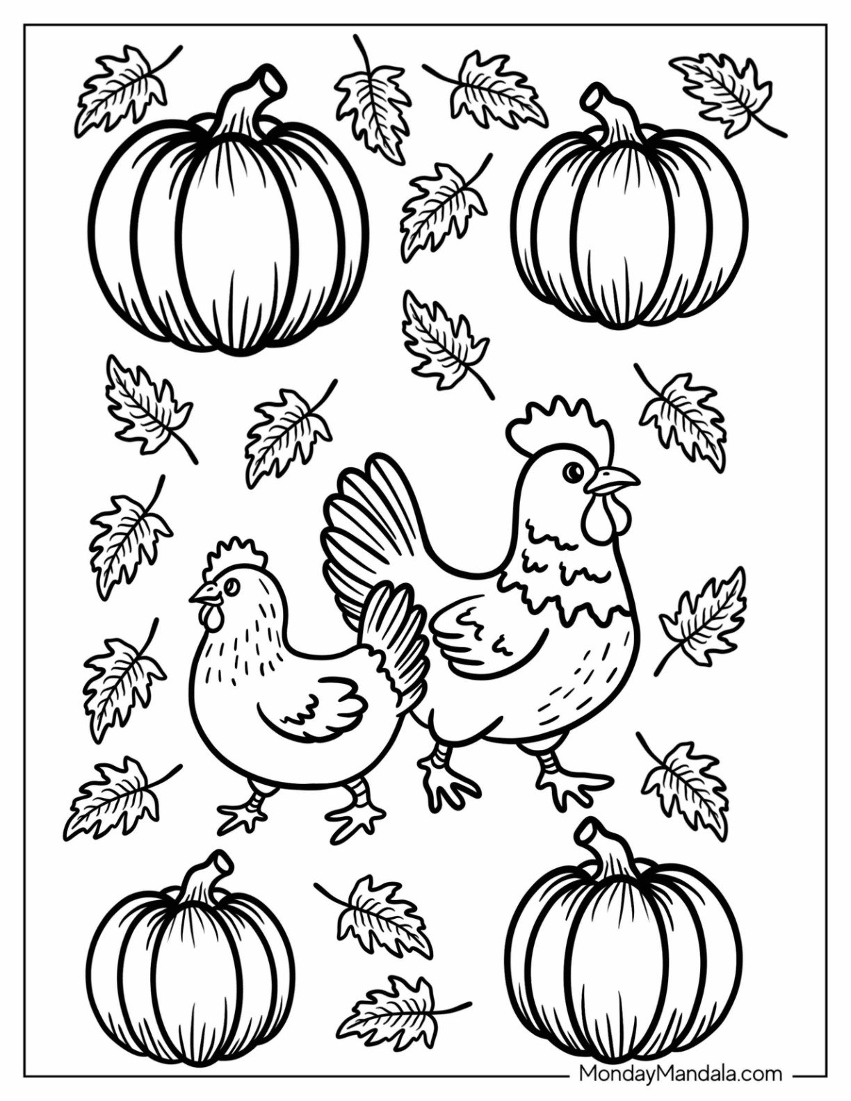 Hen and Chick Walking Among Autumn Leaves and Pumpkins