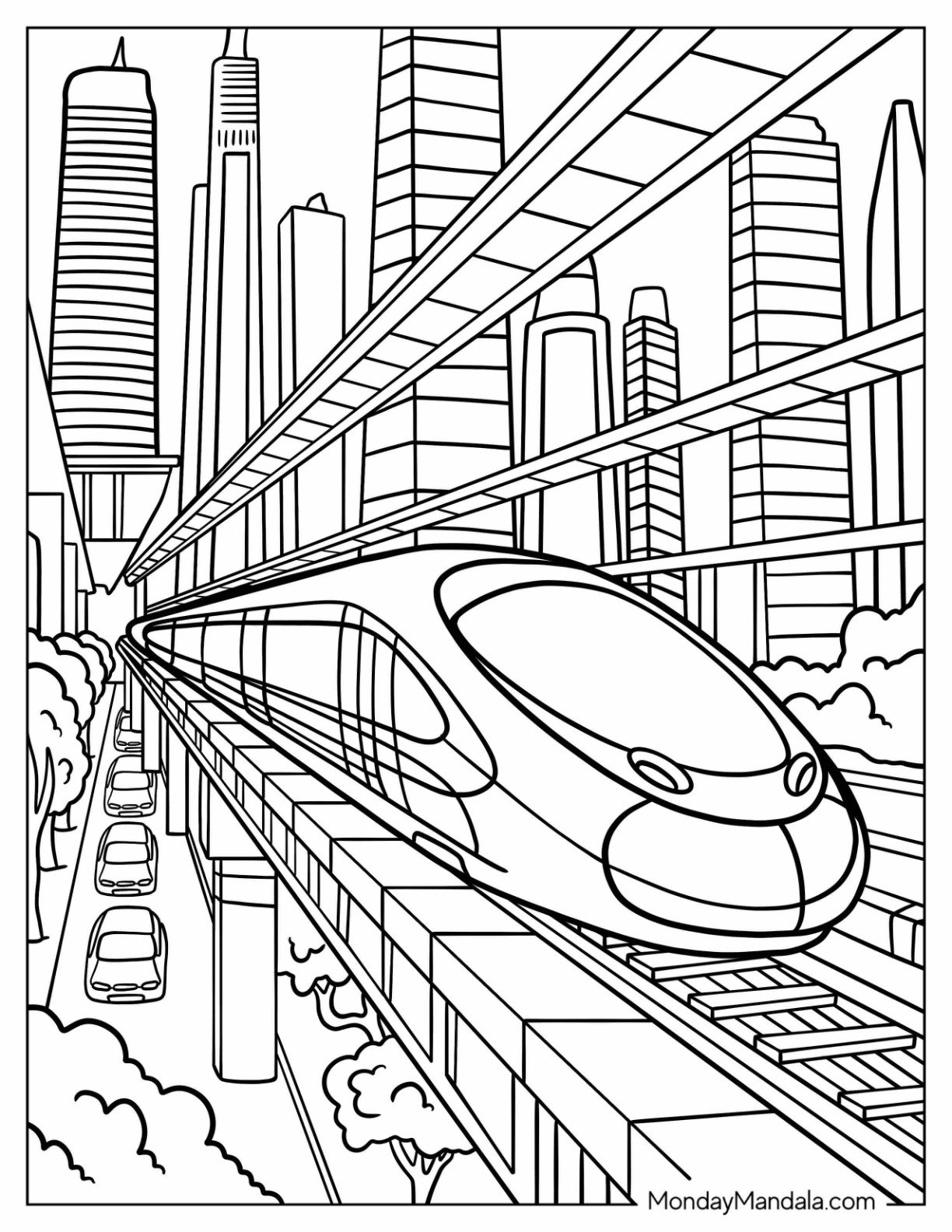 High Speed Bullet Train Coloring Page in a Modern City Skyline