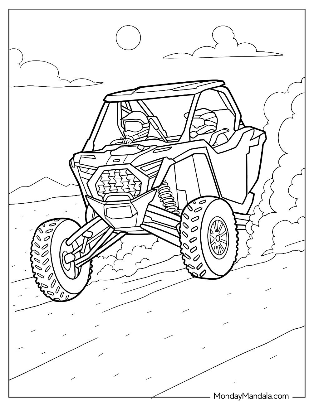 High Speed Racing UTV Coloring Page with Two Drivers Drifting on a Dirt Road for Kids