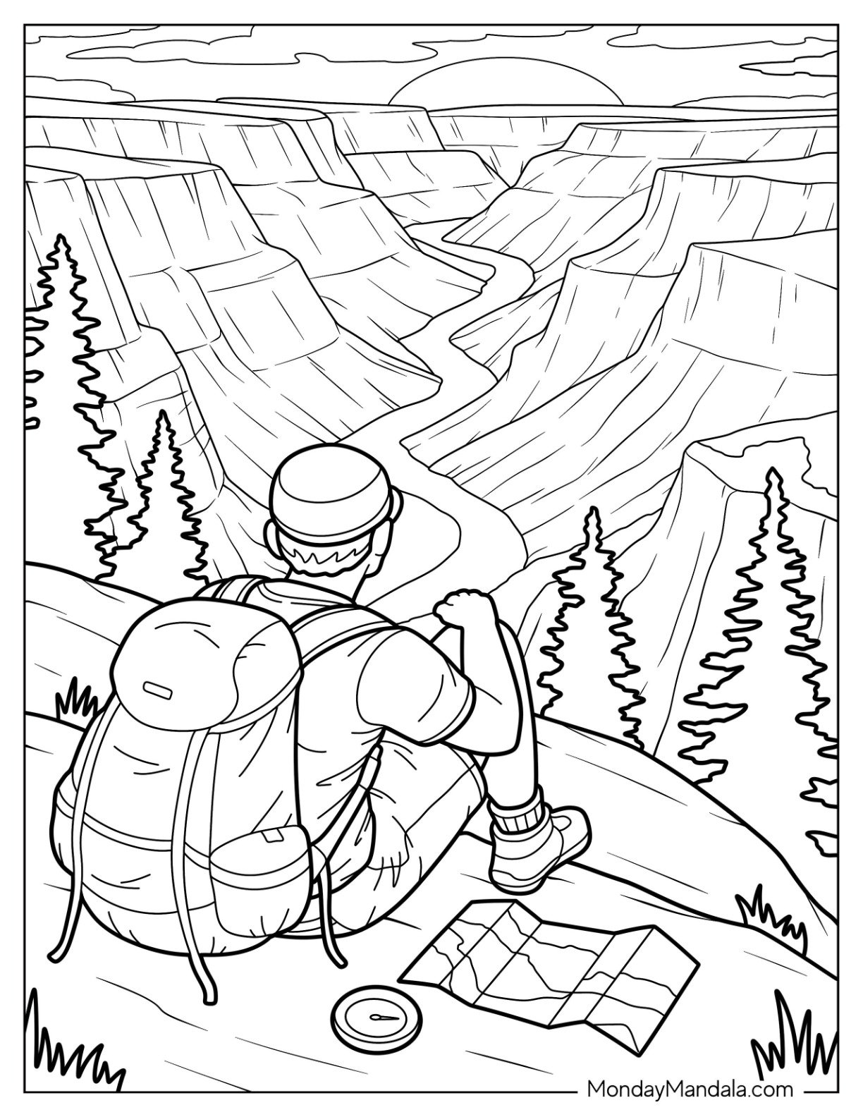 Camping & Hiking Coloring Page of Hiker Overlooking Canyon at Sunset with Backpack and Map