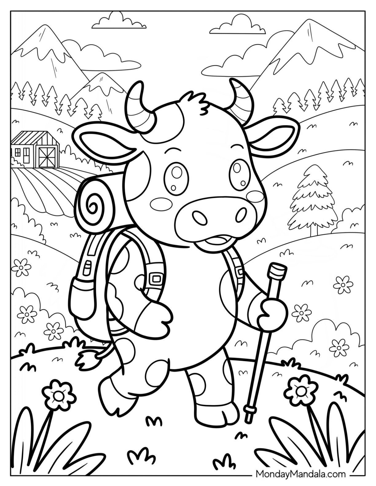 Hiking Cow Coloring Page With Backpack In Scenic Mountain Valley for Kids
