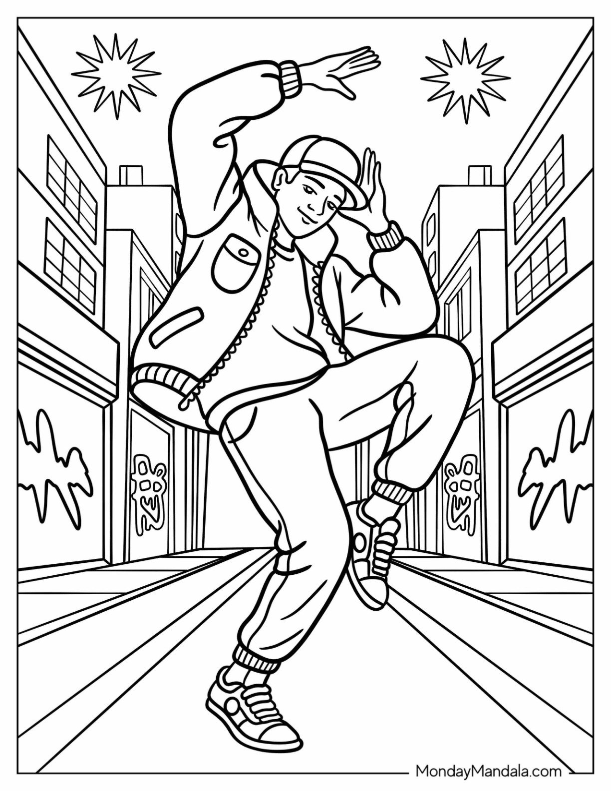Dancing Coloring Page of Hip Hop Street Dancer Performing Stylish Moves Between Urban Buildings