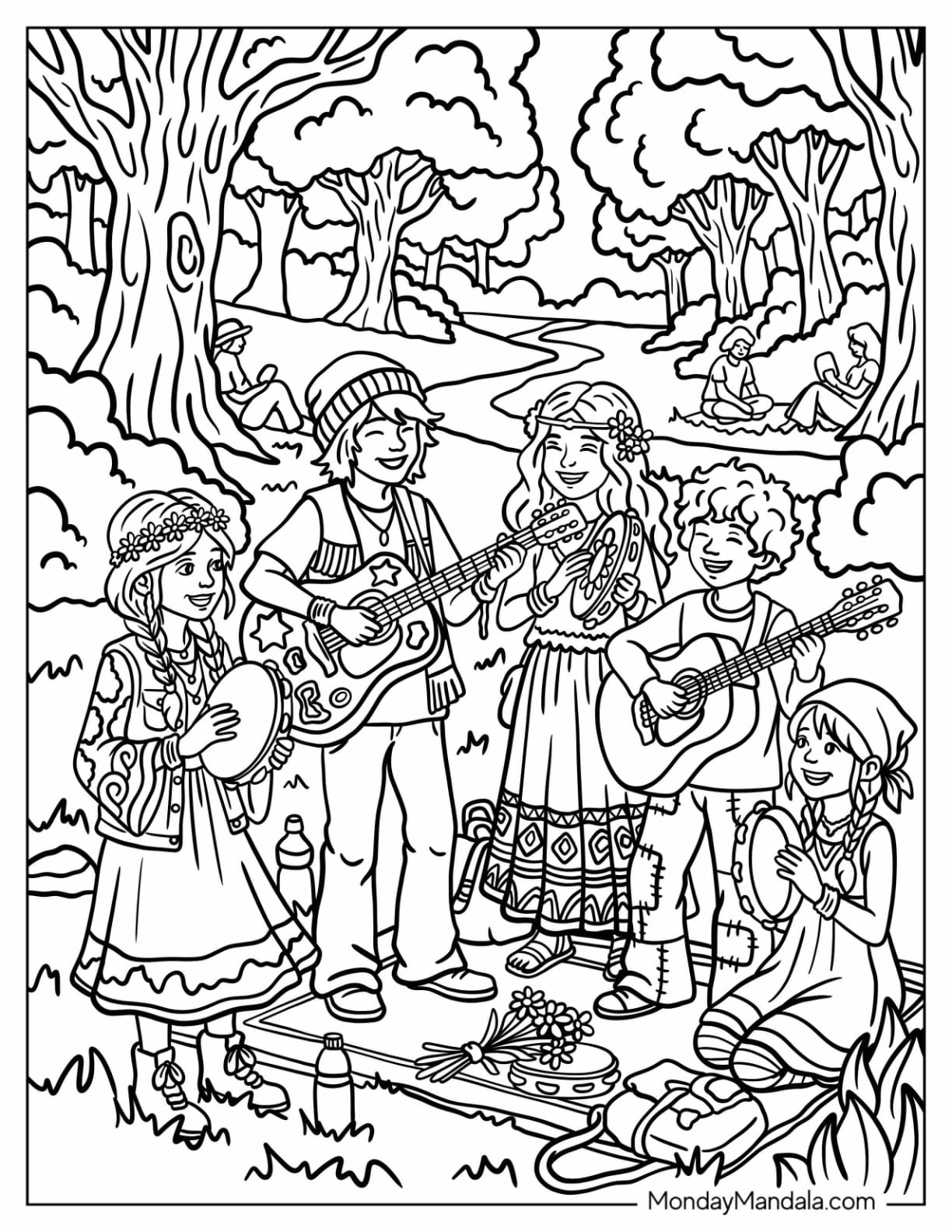Hippie Band Playing Music in the Forest for Peace Coloring Page