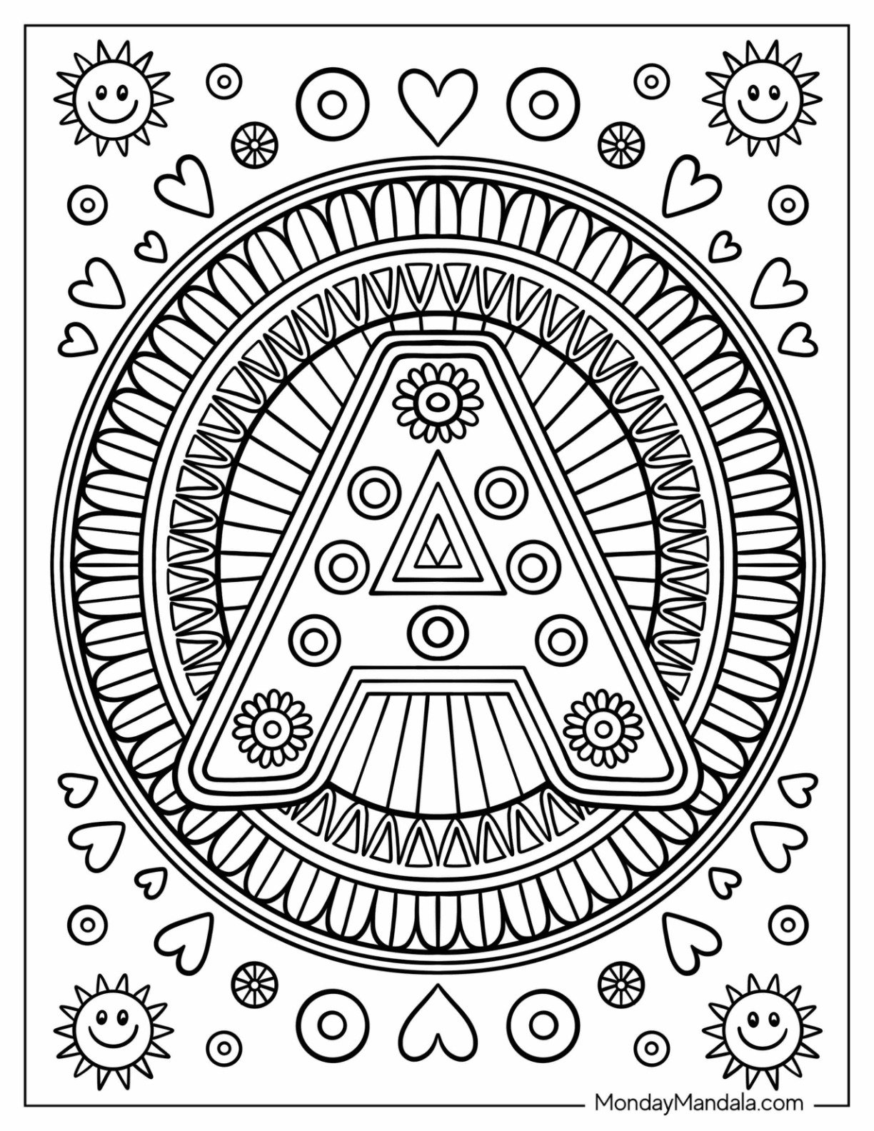 Hippie Letter A Coloring Page Mandala with Love Hearts, Suns, and Flowers