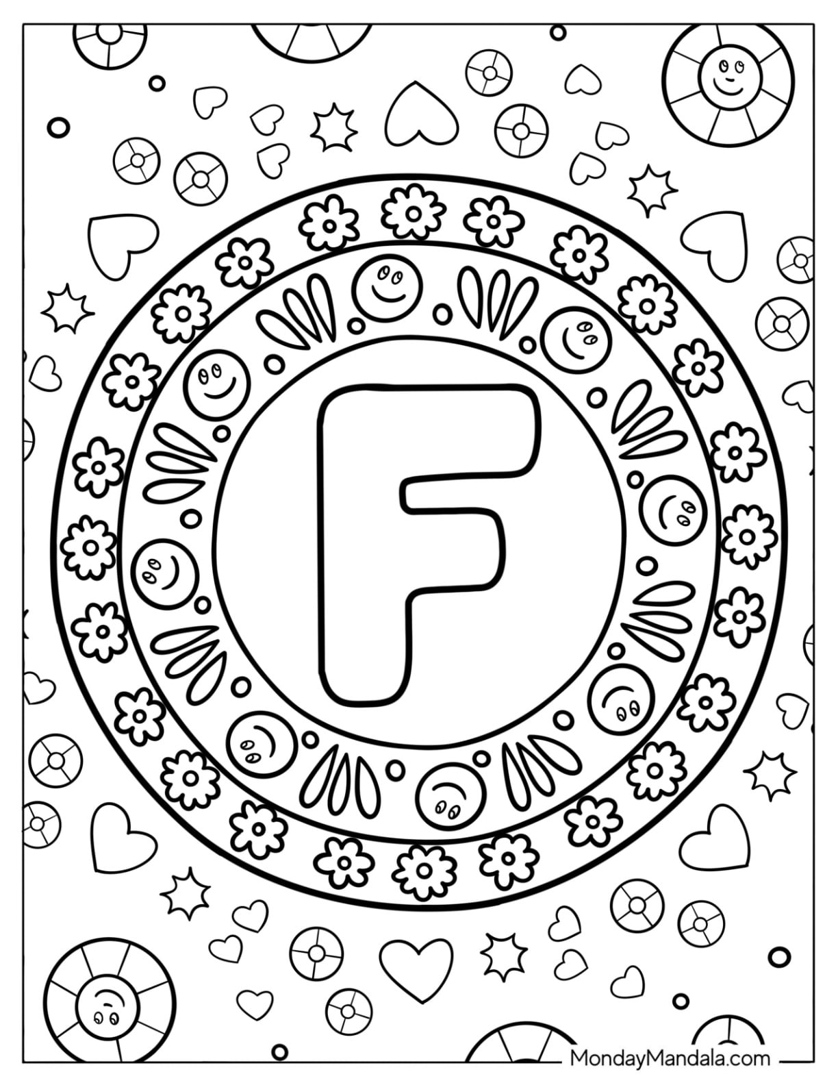 Hippie Letter F Coloring Page in a Circle for Kids