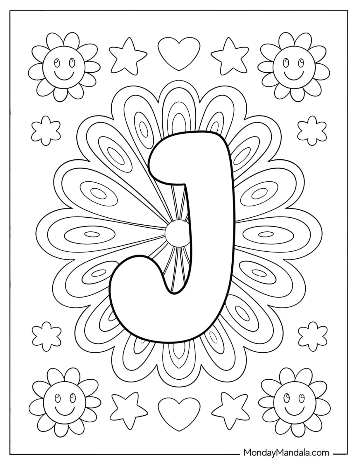 Hippie Letter J Coloring Page with Smiling Flowers