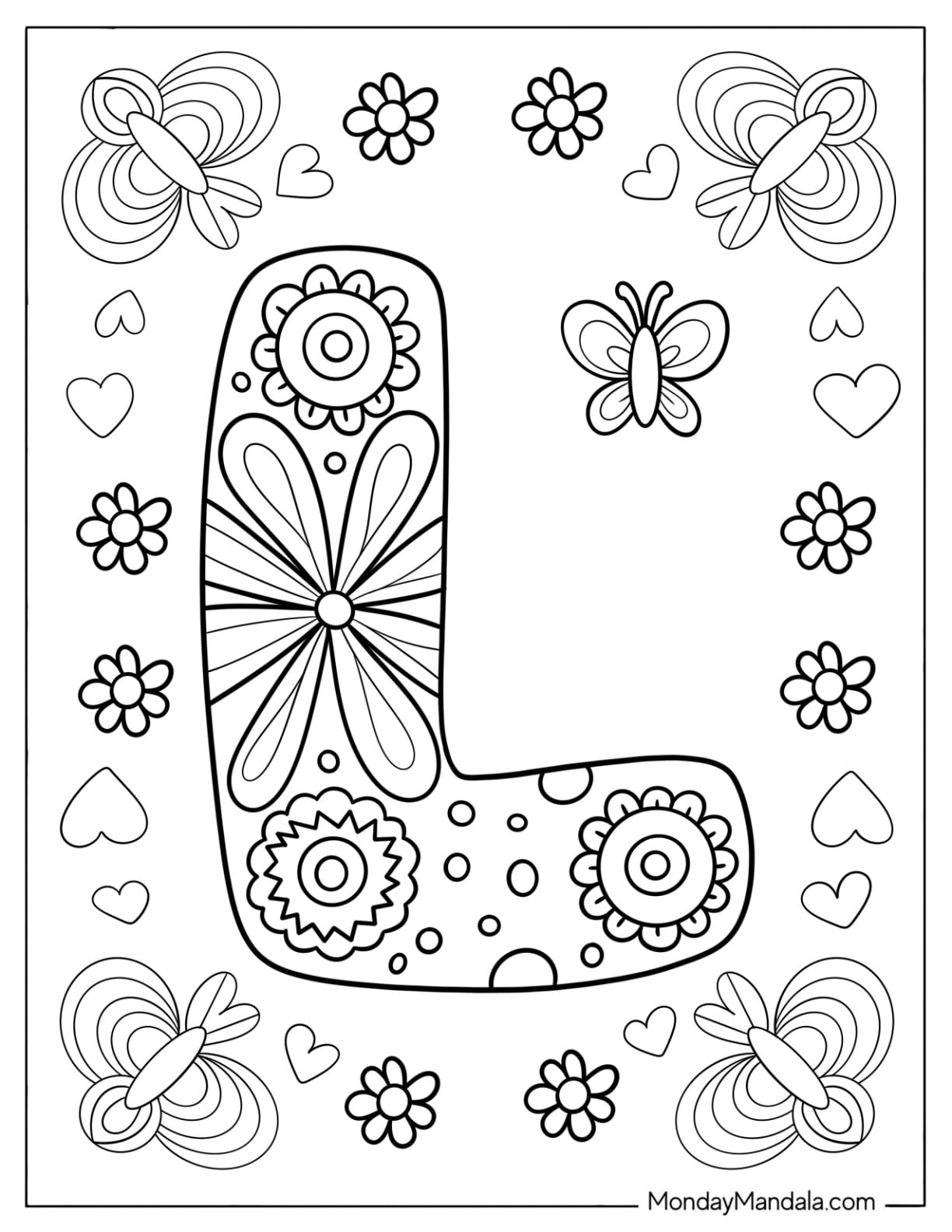 Hippie Letter L Coloring Page with Flowers and Butterflies