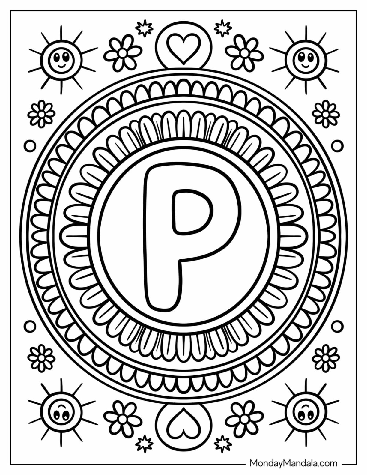 Hippie Letter P Coloring Page Inside a Mandala for Kids