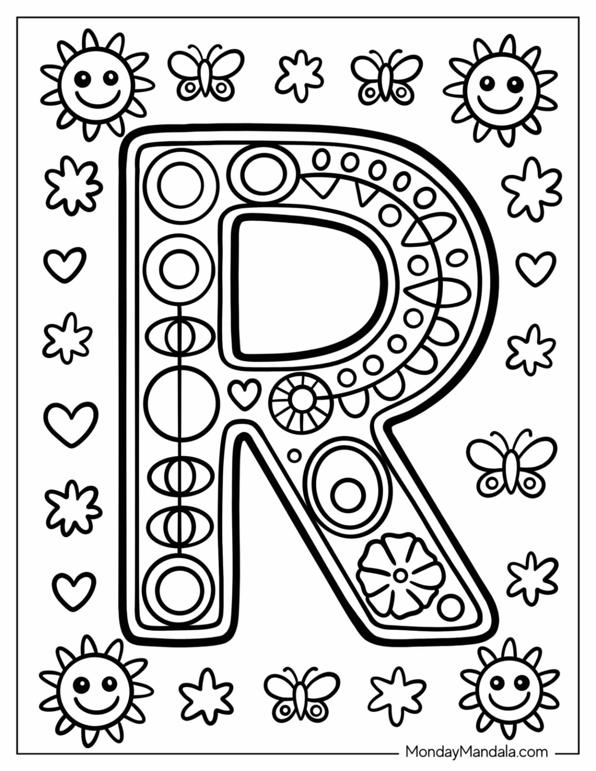 Hippie Uppercase Letter R Coloring Page with Suns, Butterflies, and Shapes
