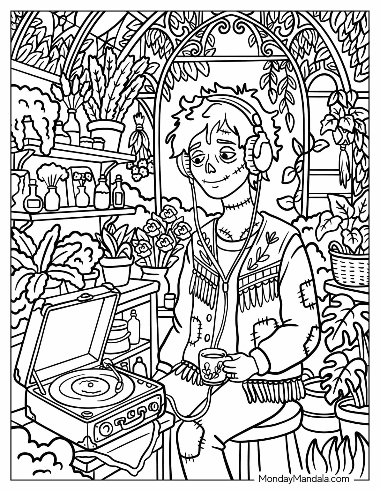 Hippie Zombie Listening to Music Coloring Page