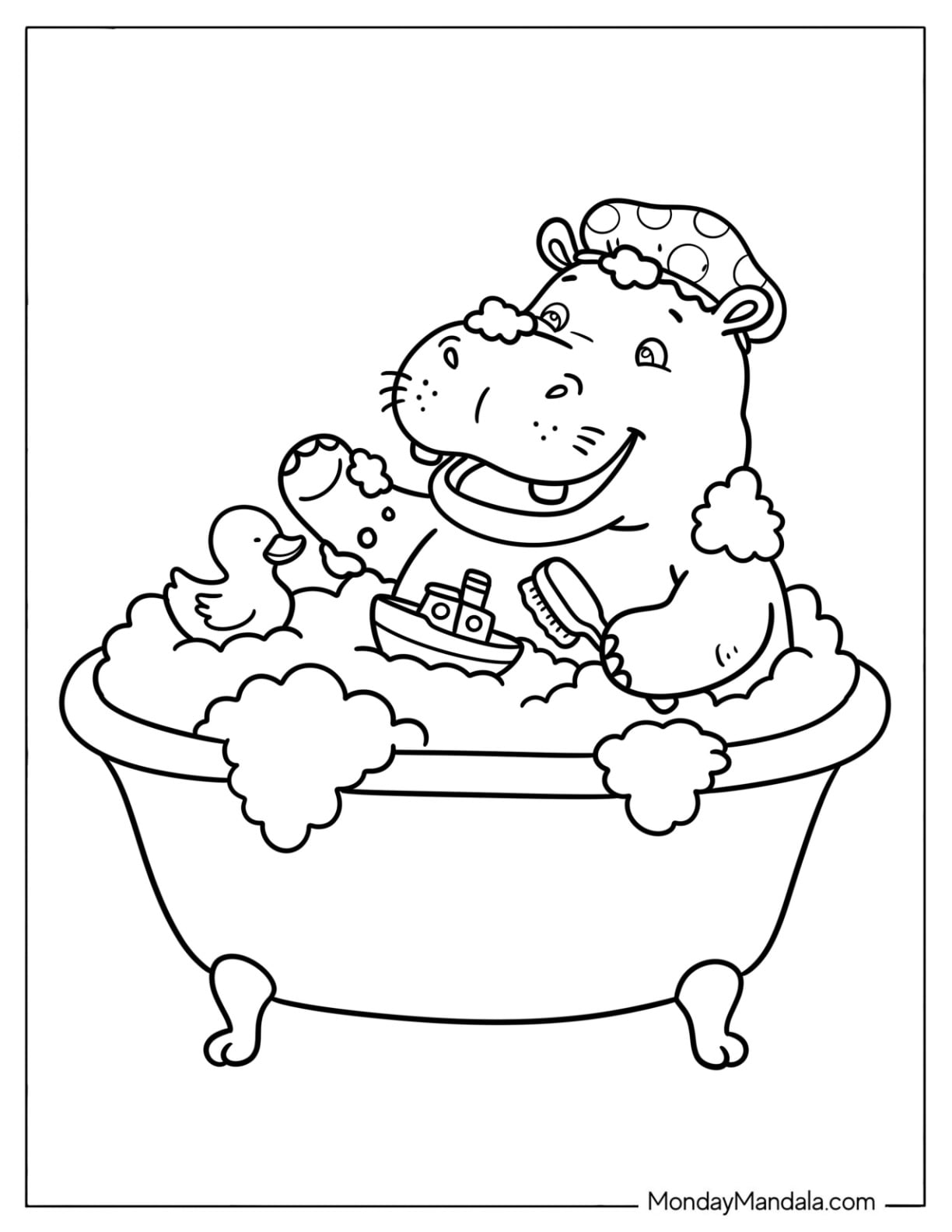 Hippo Covered in Suds in a Bathtub Coloring Page for Kids