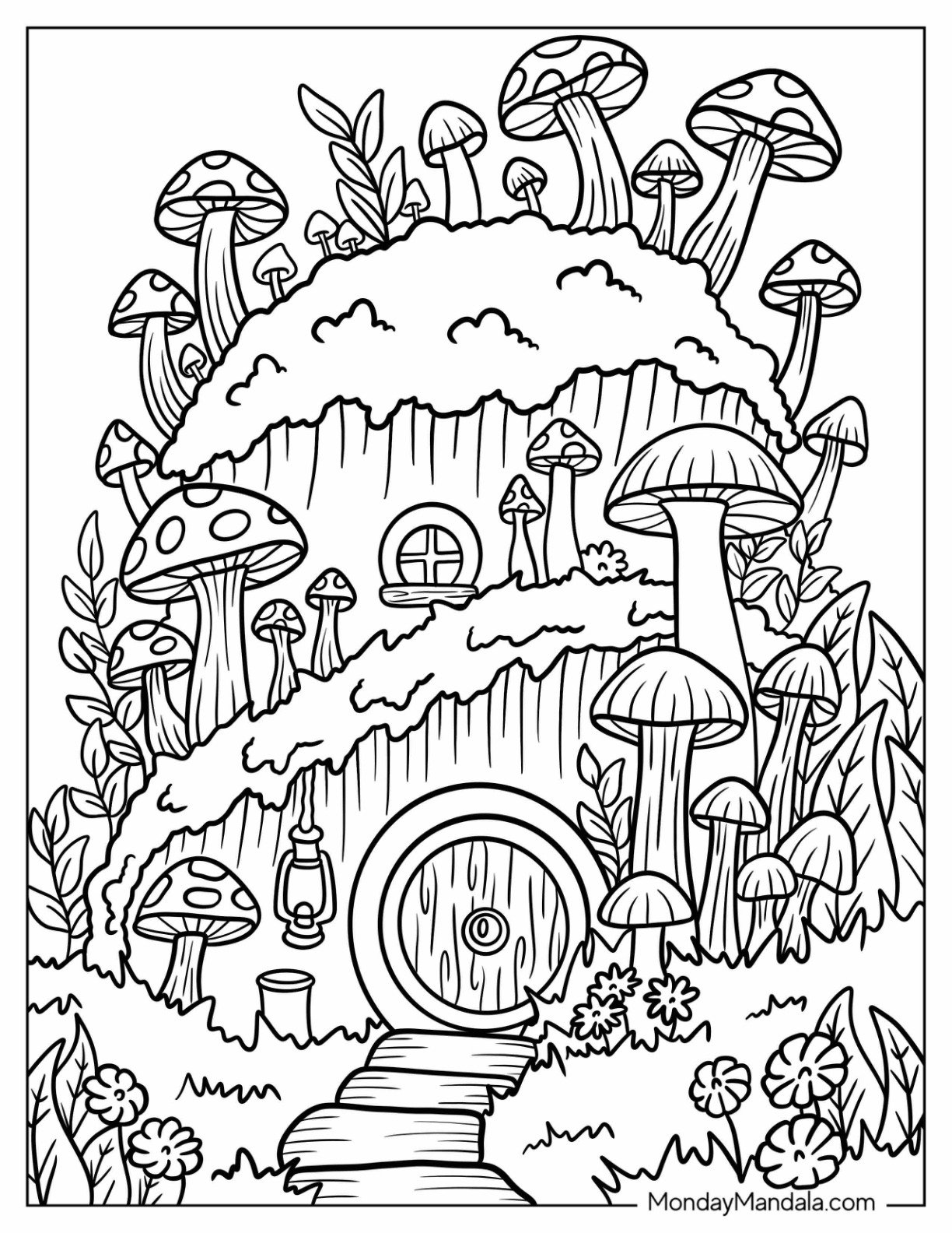 Hobbit Style Mushroom House Tucked into a Forest Hill Coloring Sheet for Kids