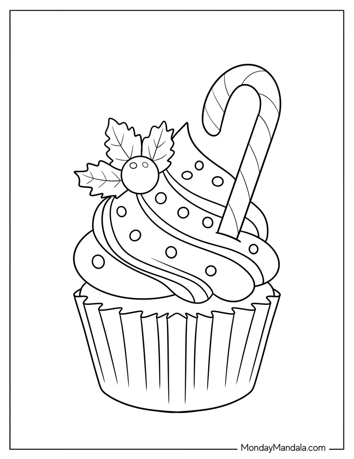 Holiday Cupcake Coloring Page with Candy Cane and Holly Berries for Kids