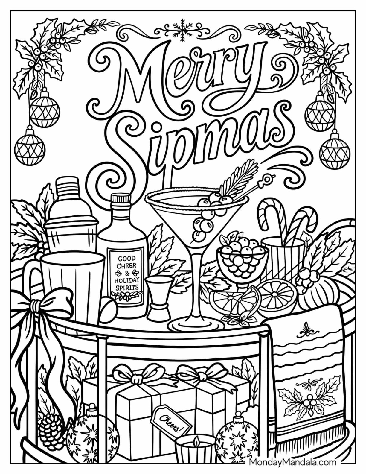 Holiday Table with Gifts, Drinks, and Decorations Christmas for Adults Coloring Page