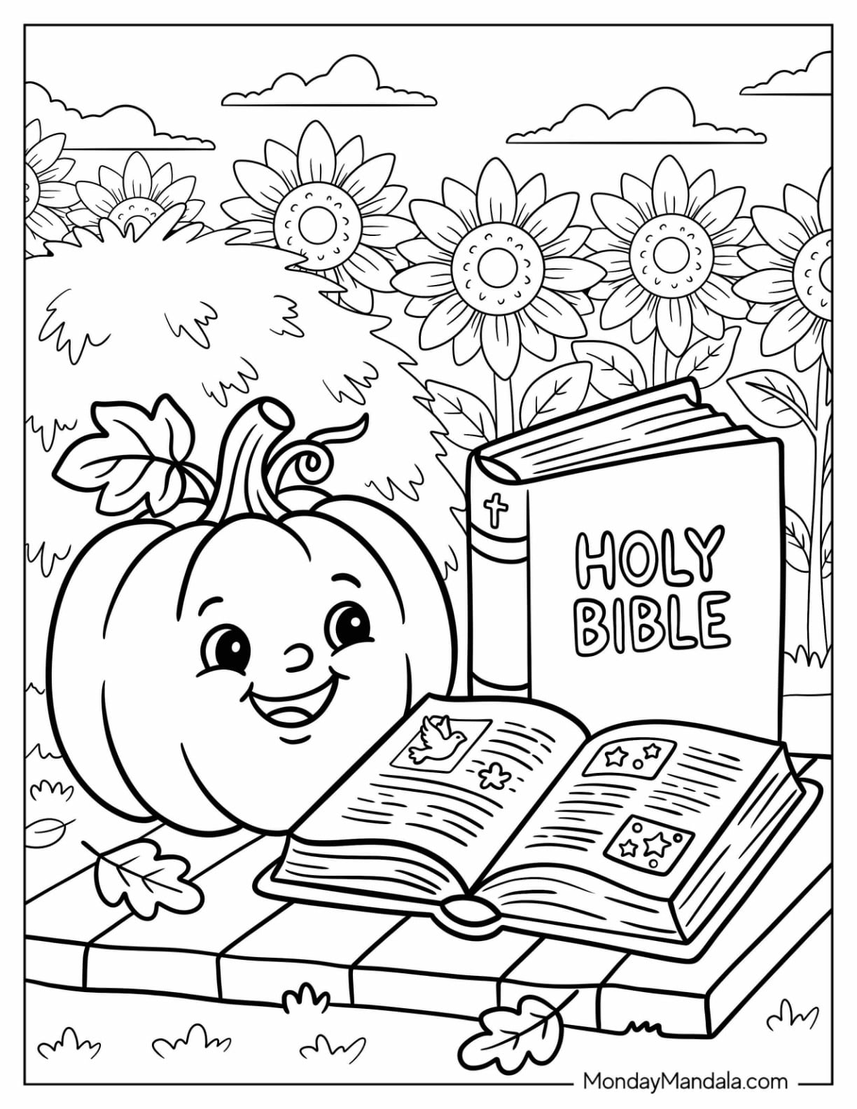 Holy Bible on a Table with a Smiling Pumpkin for Christian Halloween Coloring Page