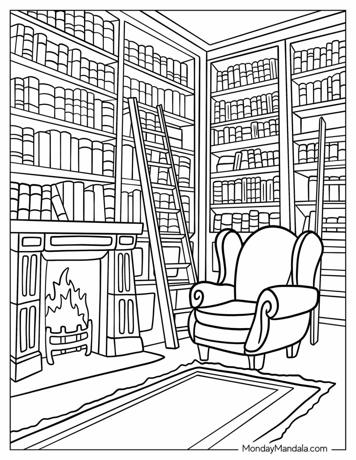 Home Library Fireplace Coloring Page With An Armchair Nearby