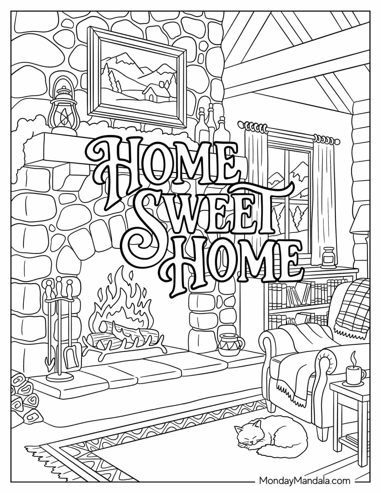 “Home Sweet Home” Stone Fireplace with Books, Blankets, and Sleeping Cat