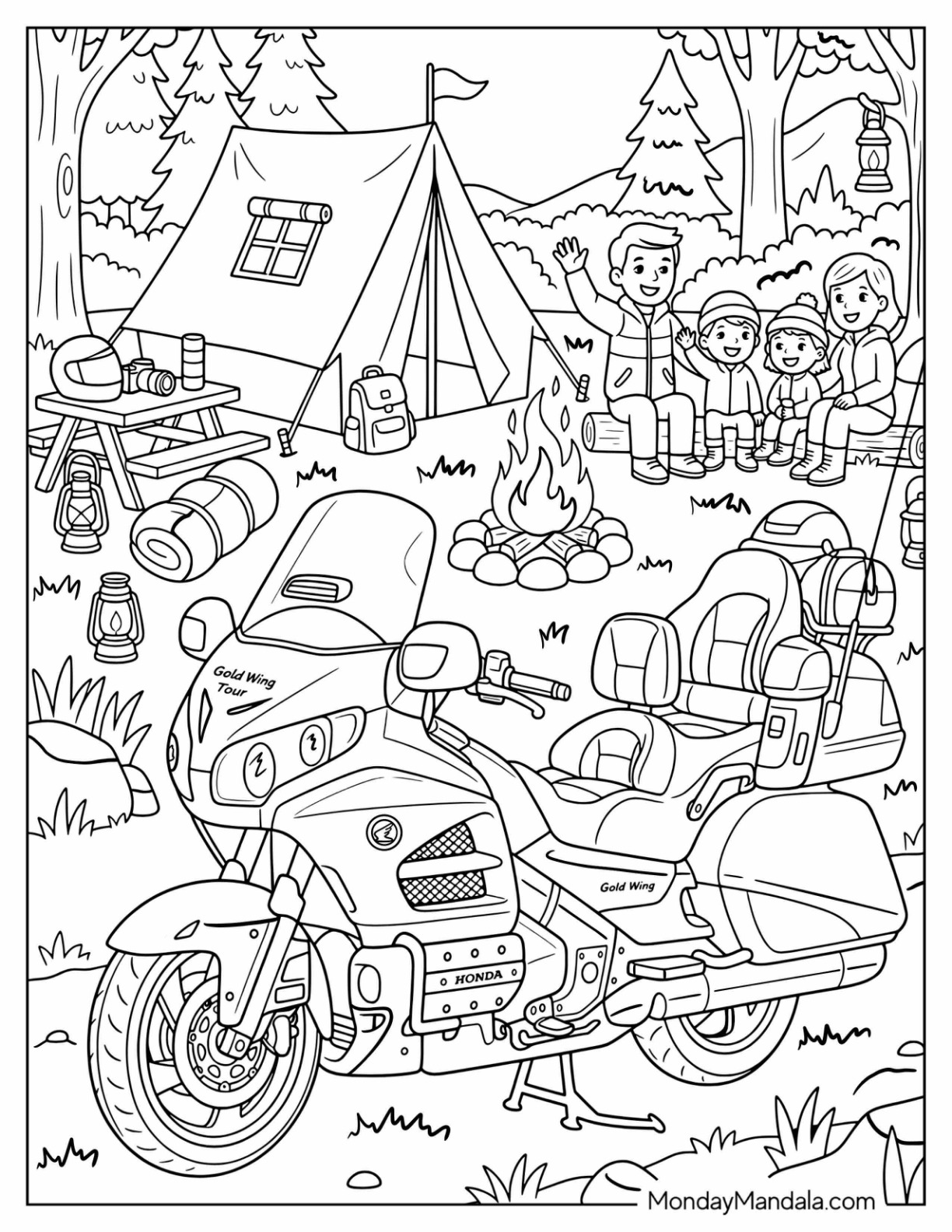 Honda Gold Wing Motorcycle at a Family Campsite Coloring Page