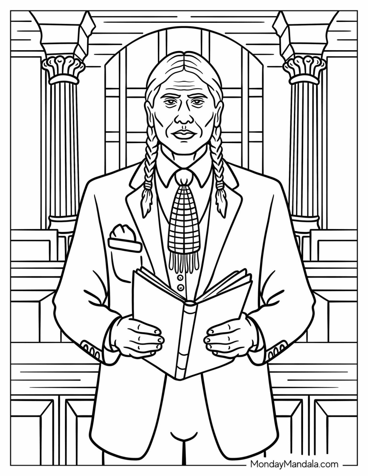 Honorable Native American Coloring Page Elder in Suit with Braids and Tie