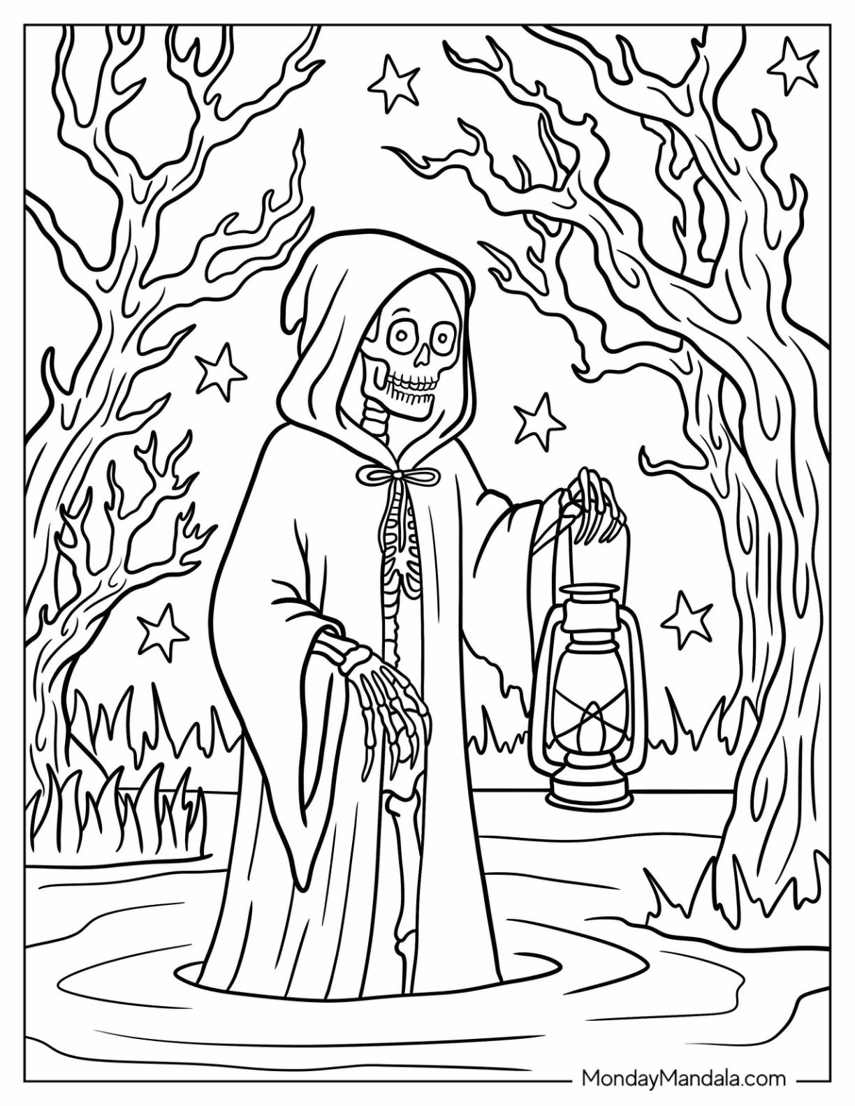 Hooded Skeleton Coloring Page with Lantern in Haunted Swamp for Kids