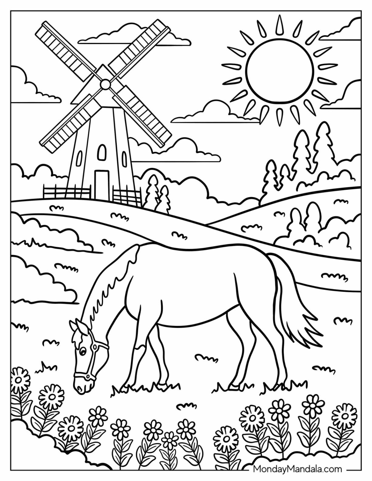 Horse Coloring Page Eating Grass in a Meadow with Windmill
