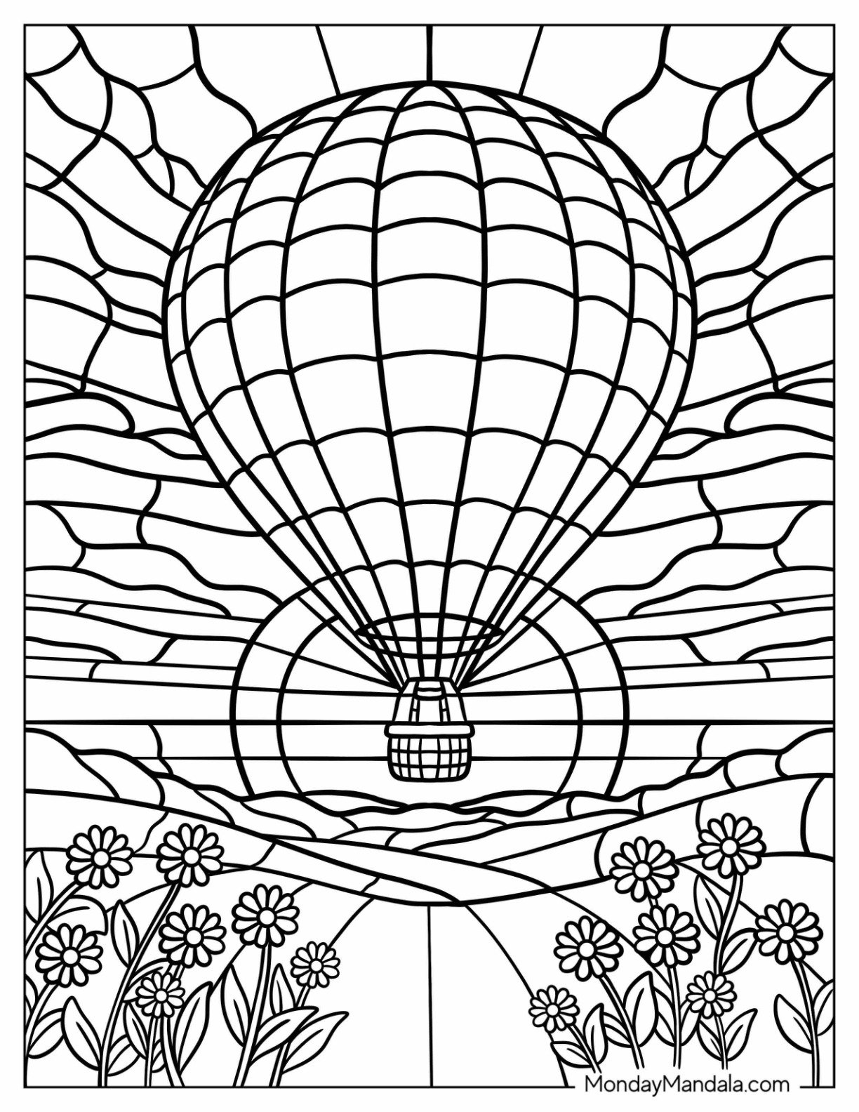 Hot Air Balloon Floating Over a Flower Field Stained Glass Coloring Page