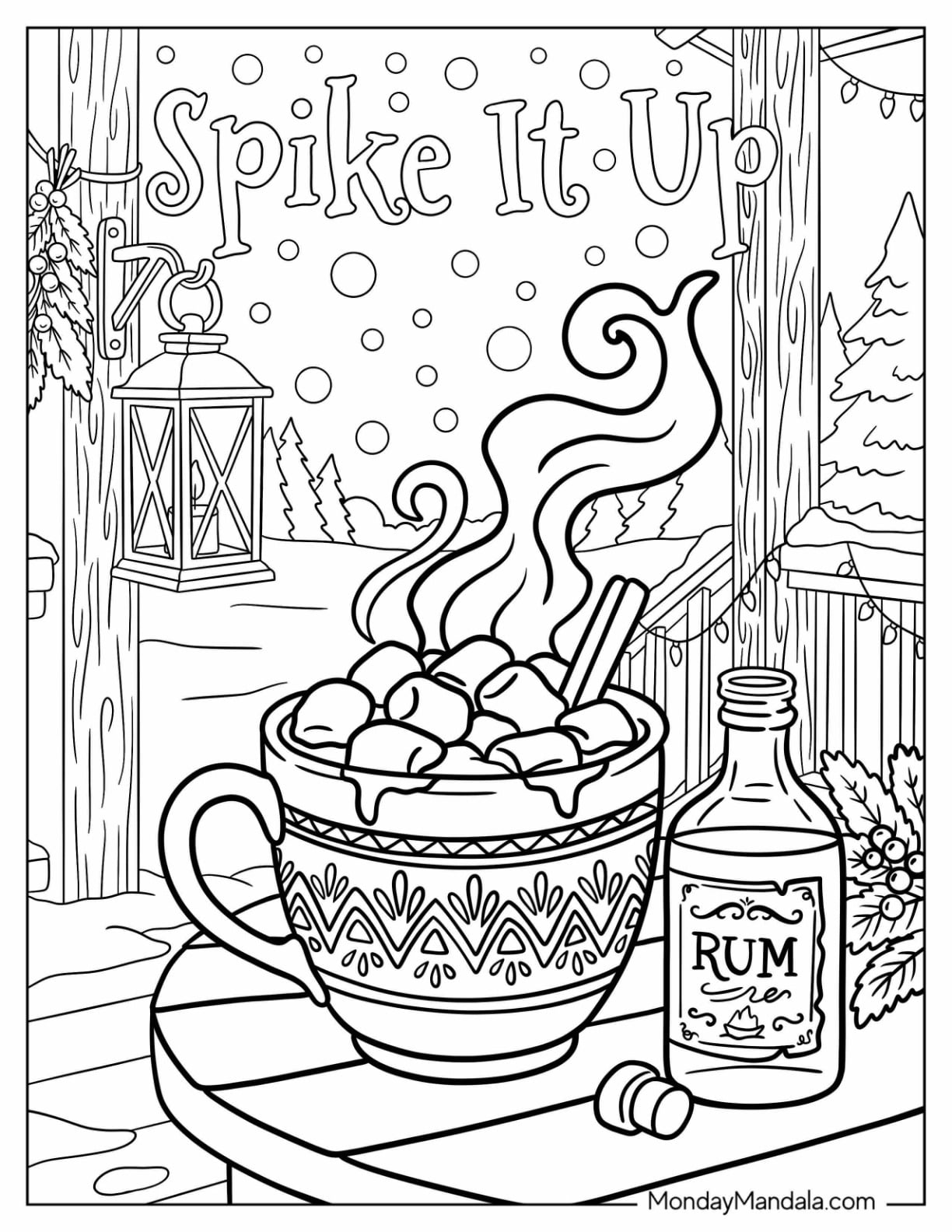 Hot Chocolate Spiked with Rum on Christmas Coloring Page for Adults