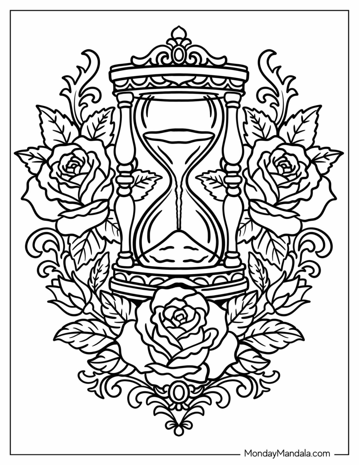 Hourglass Surrounded by Roses and Ornamental Floral Tattoo