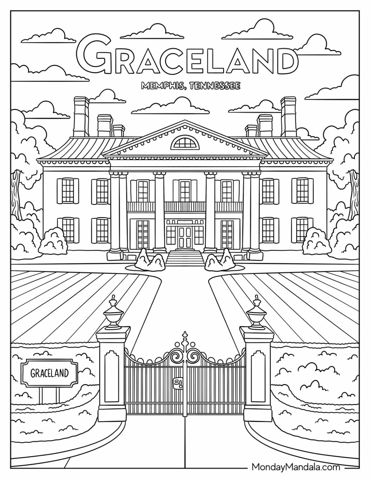House of Elvis Coloring Page Graceland Mansion