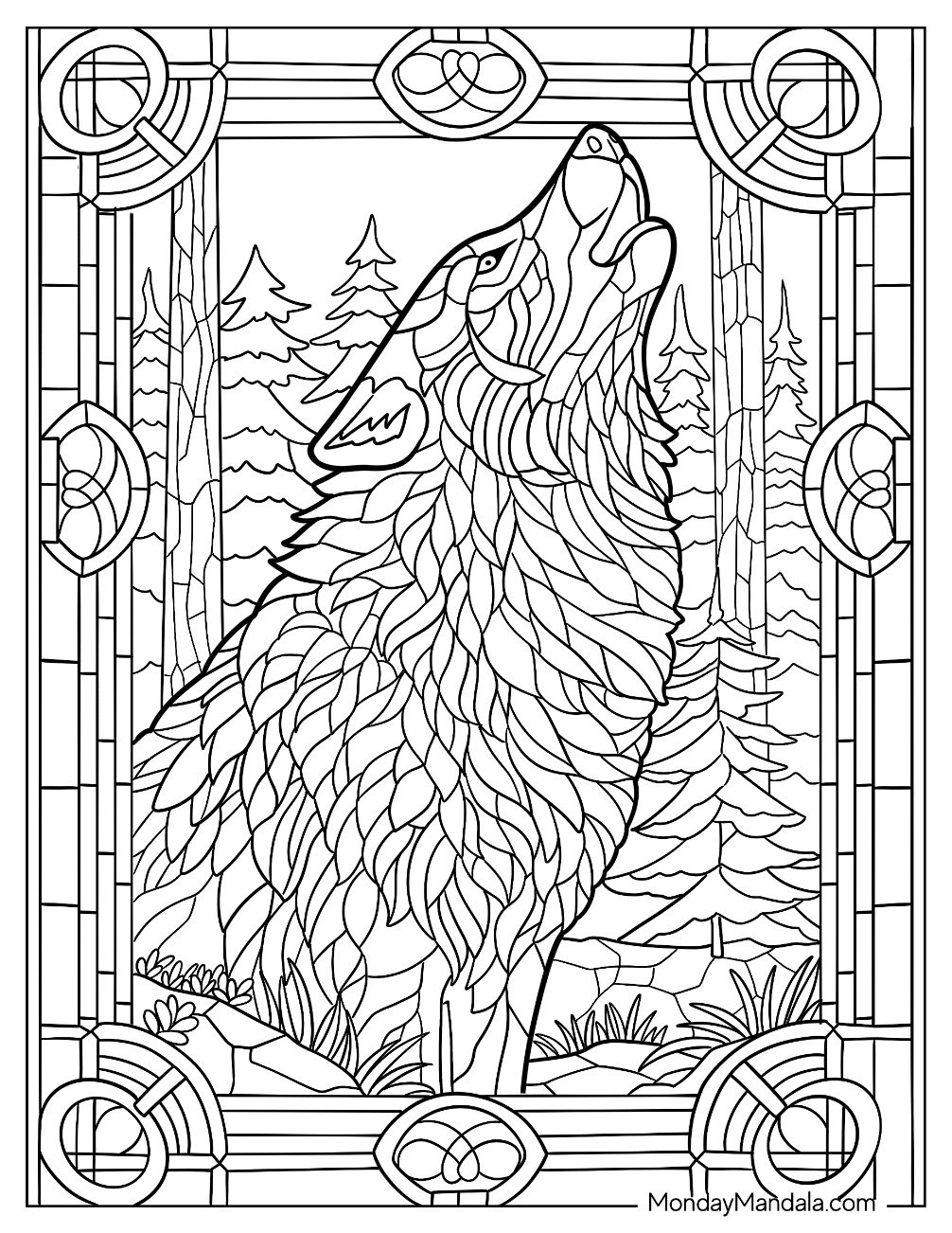 Howling Wolf Coloring Page in the Forest Stained Glass
