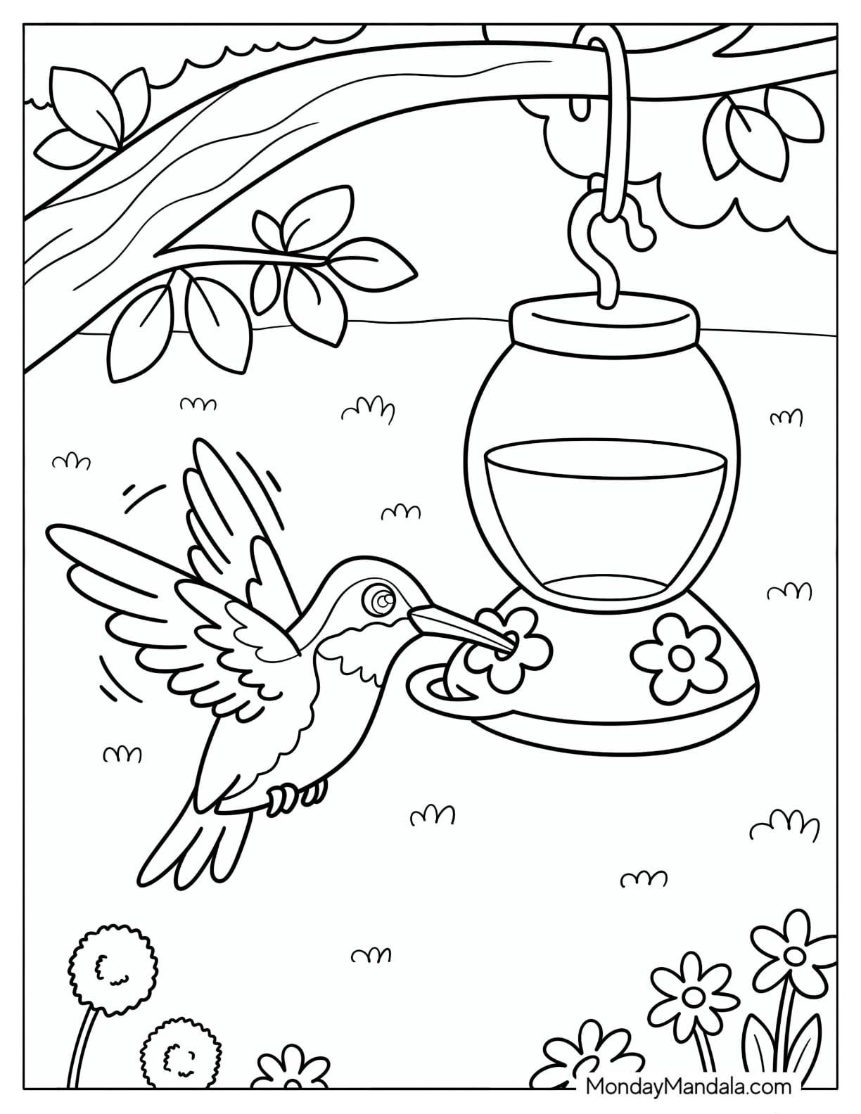 Hummingbird Drinking from a Garden Feeder with Flowers Coloring Page for Kids