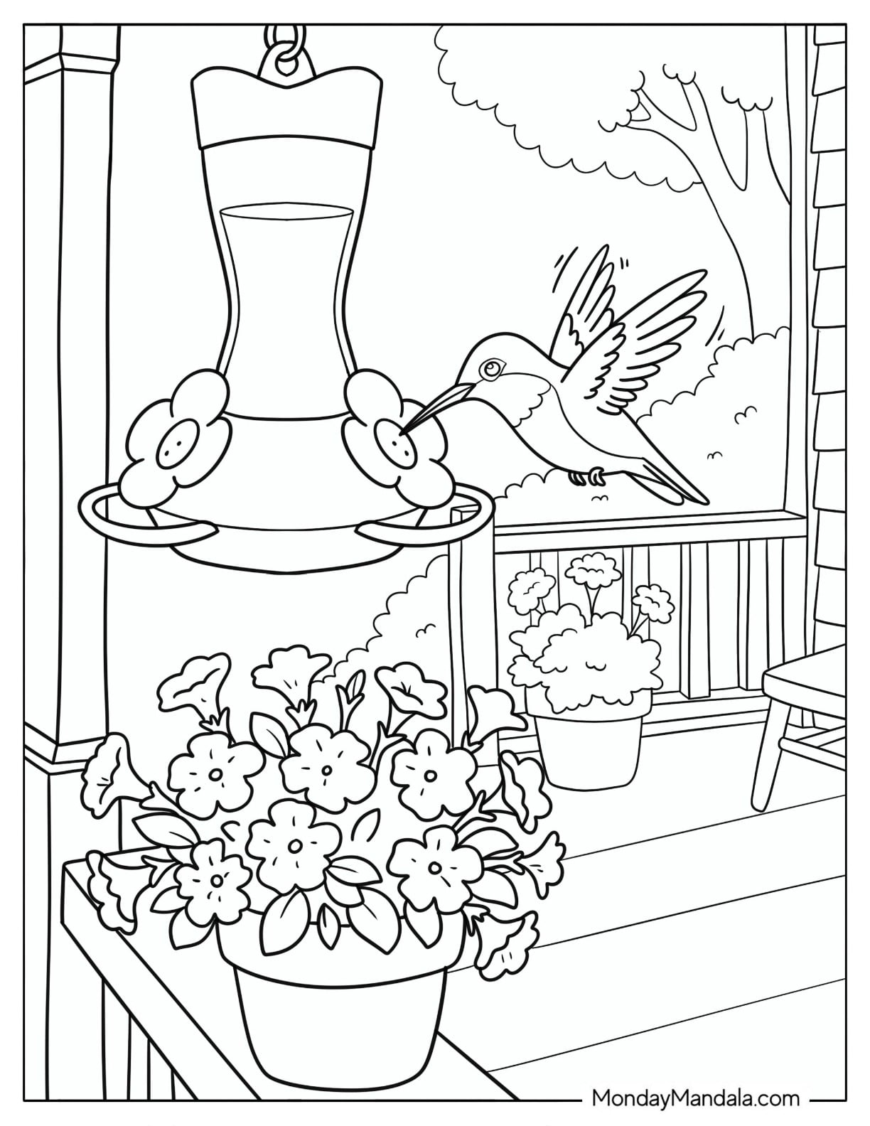 Hummingbird Feeding from a Flower Feeder on a Porch Coloring Page