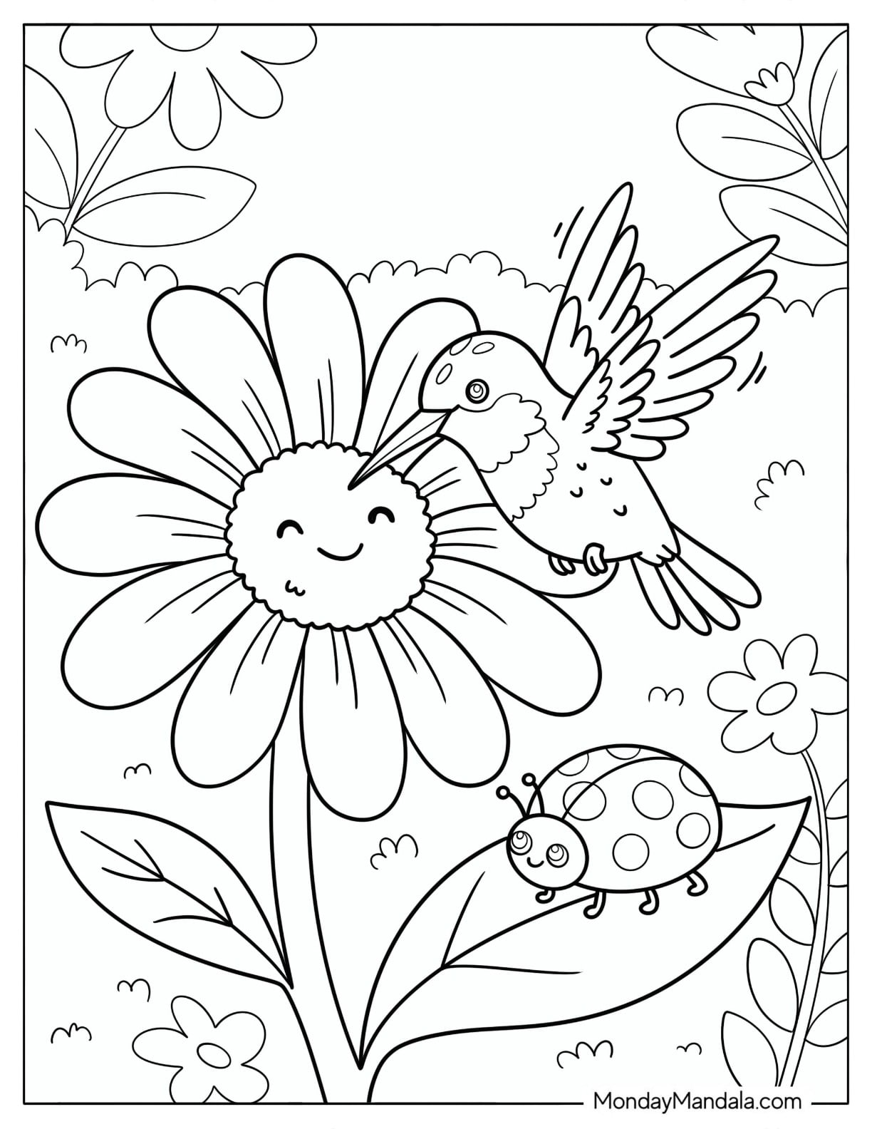 Hummingbird Feeding on a Flower with Ladybug in a Garden Coloring Page
