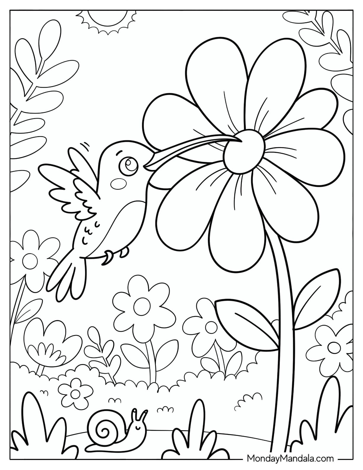 Hummingbird Feeding on a Giant Flower in a Garden Coloring Page for Kids